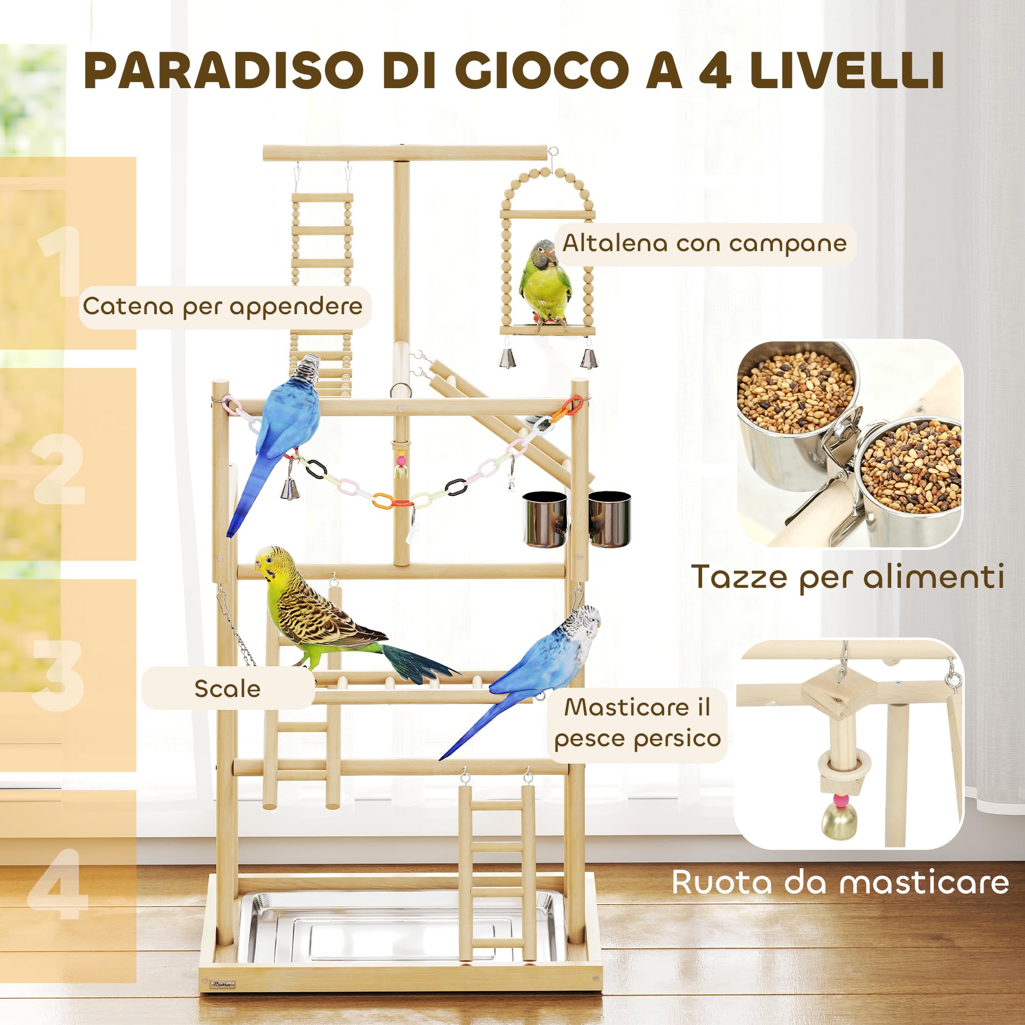 PawHut Trespolo per Pappagalli, Parco Giochi per Uccelli con Scale, Catene, Ciotole, Vassoio Rimovibile e Posatoi, per Parrocchetti, Cocorite e Conuri, Legno Naturale