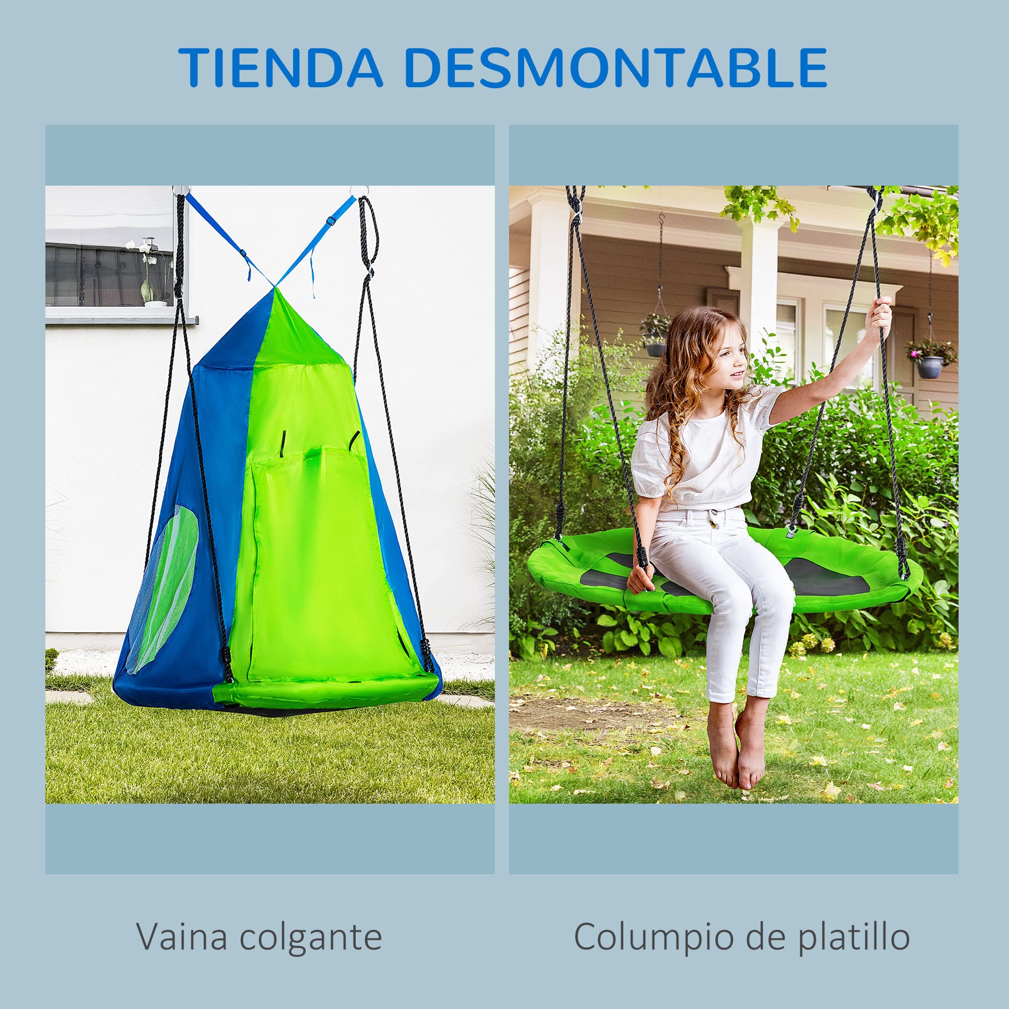 Outsunny Columpio con Tienda Infantil Columpio Nido con Puerta Enrollable y 2 Ventanas de Malla para Niños y Adultos Carga MAX. 200 kg Interior y Exterior Ø100x180 cm Verde y Azul
