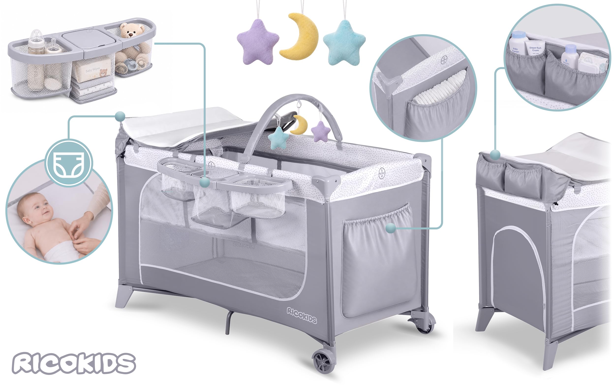 Ricokids Łóżeczko turystyczne dla niemowląt z materacem 123,5 x 65 x 76 cm do 15 kg 2 koła z hamulcami Szare