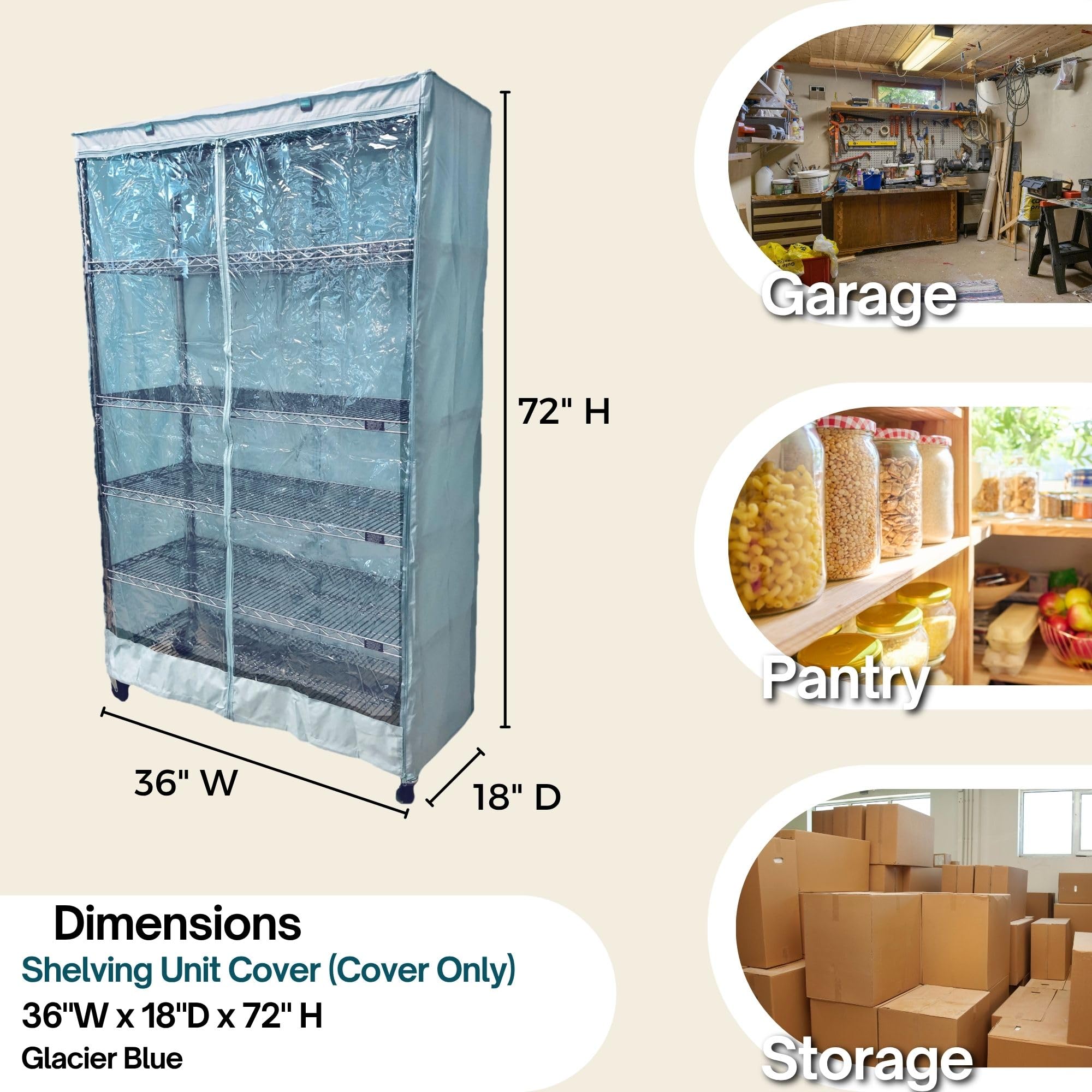 Formosa Covers Storage Shelving Rack Cover with One See Through PVC Panel in Color Glacier Blue (36