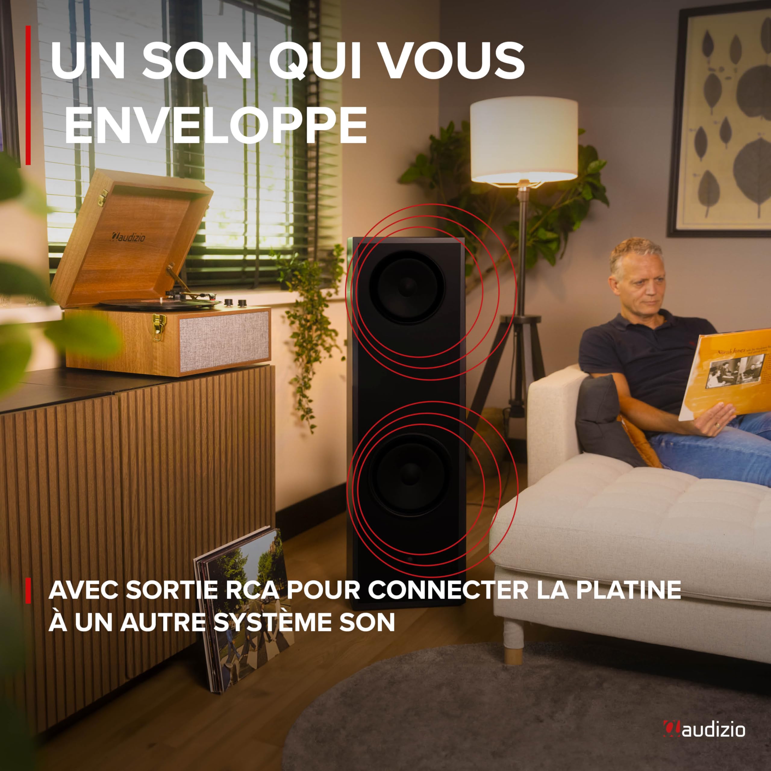 Audizio Fremont Platine Vinyle Meuble Bluetooth, Design Rétro sur Pieds - Noyer, Haut-Parleurs Stéréo, Convient aux Disques 33, 45 et 78 Tours, Idéal pour Décorer Votre Intérieur