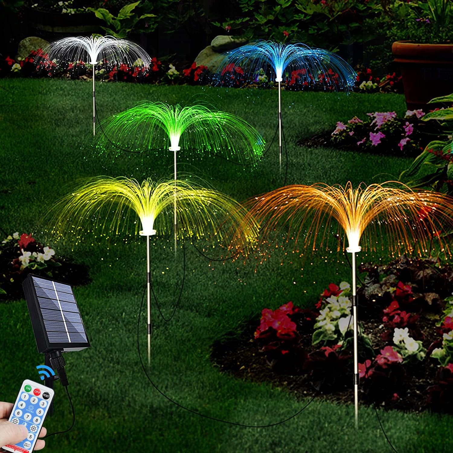 Solar Garden Lights Outdoor Optic Fiber Light Jellyfish String Light Waterproof Fairy Firework Light LED Garden Light with Remote Control Detachable Solar Panel 5 Color for Patio Pathway Yard, 5 Pack