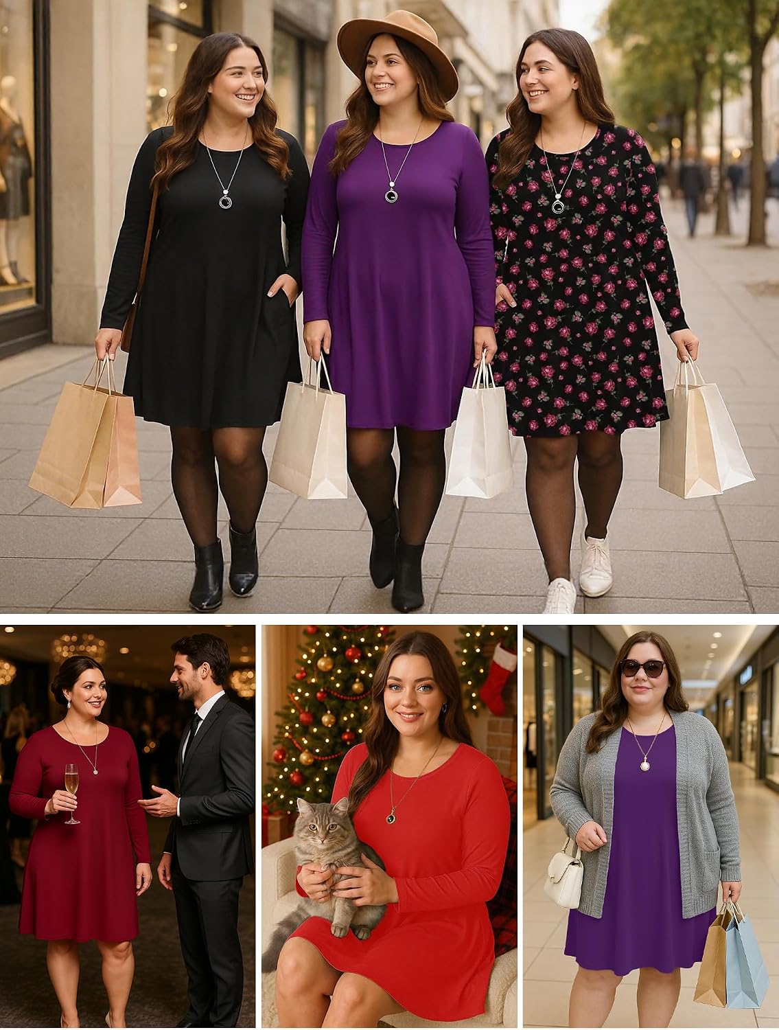 AusLook Women's Plus Midi Dress Long Sleeve Crew Neck A-Line Swing Flowy Vacation Wedding Guest Knit Dresses with Pocket 1-5X
