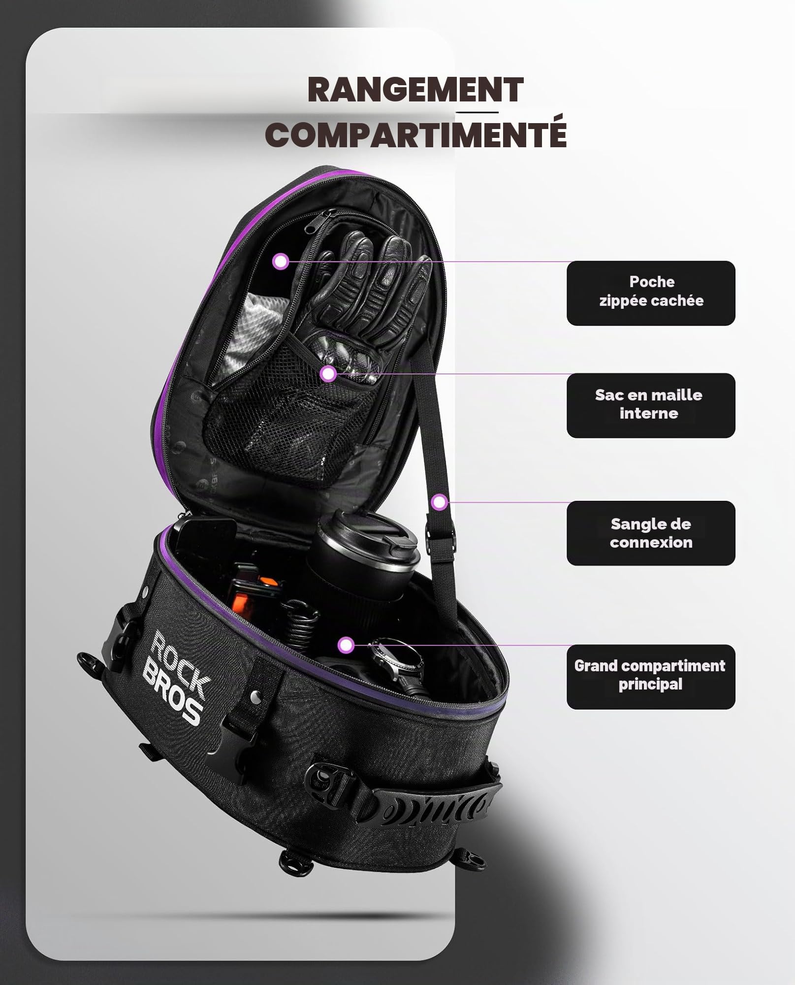 ROCKBROS Sac de selle de moto 12,5 L multifonctionnel avec sangles - Étanche - Avec housse de pluie - Pour le rangement, les voyages, l'équitation