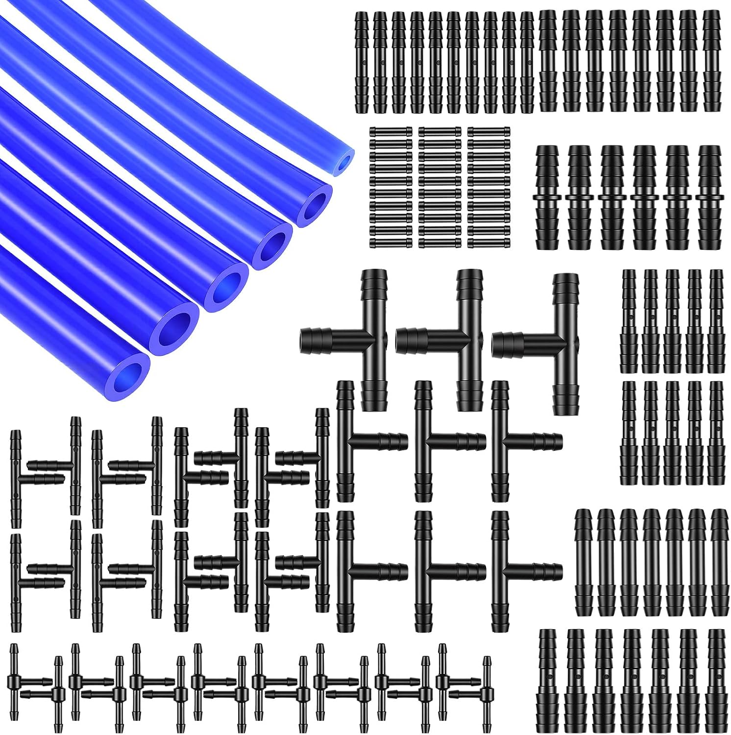 Vacuum Hose Automotive Kit High Performance Silicone Vacuums Hose Kit 6PCS 5FT Blue & Black Tubing with 115PCS Nylon Connectors 1/8" 5/32" 3/16" 1/4" 5/16" 3/8" Vacuum Automotive Kits