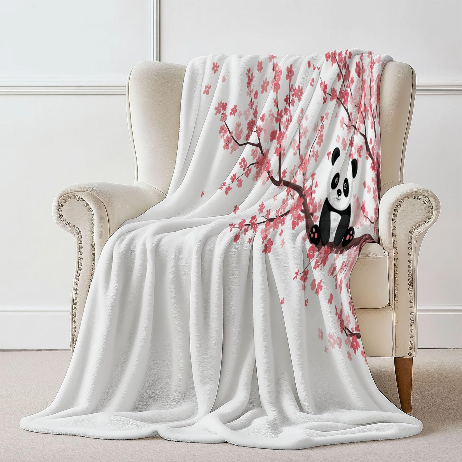 Bianco Coperta in Pile di Flanella 200 x 220 cm – Minimalista Panda Fiori Morbida e Accogliente, Plaid Stampato per Divano Letto o Viaggio