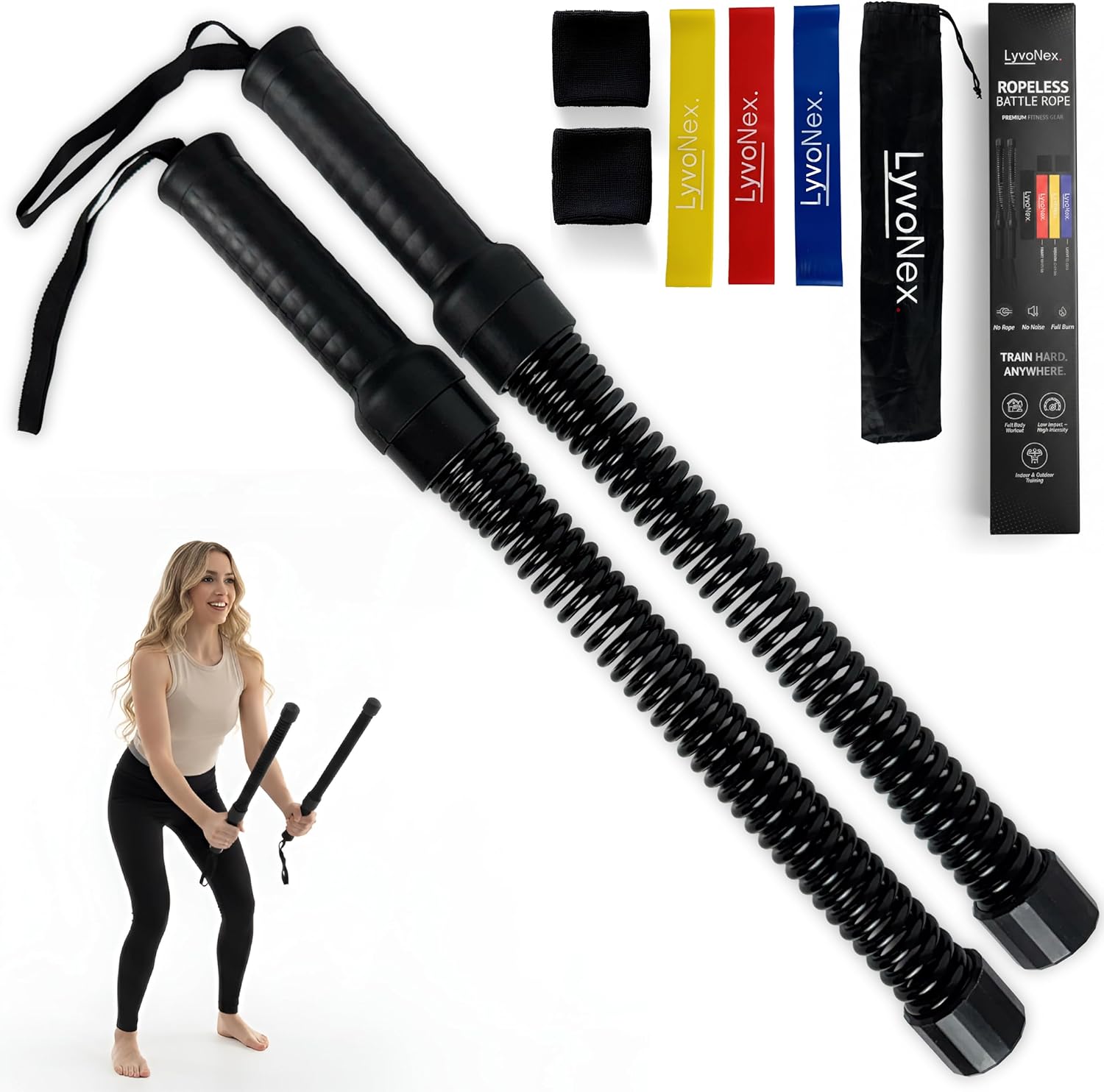 Ropeless Battle Ropes Set 2 Pack | Cordless Battle Ropes for HIIT Cardio and Weight Loss | Apartment Friendly Home Gym | Training Guide Included | for Beginners and Advanced