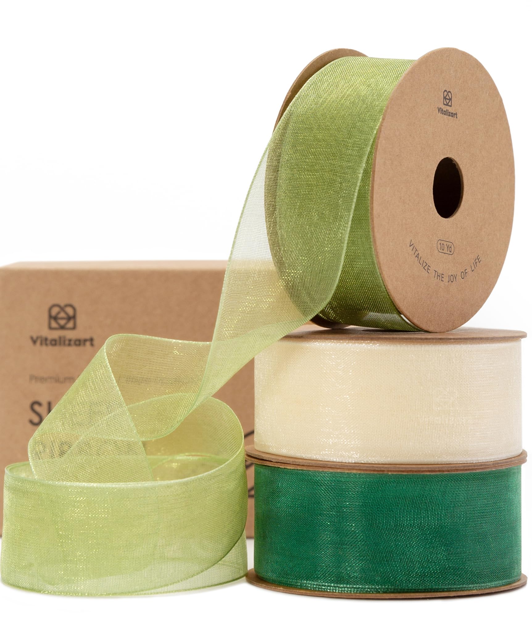 Vitalizart Green & Cream Ribbon Organza Sheer Ribbon 1 inch x 30 Yd Handmade Fabric Ribbons for Gift Wrapping Christmas Tree Crafts Bows Wedding Invitations Wreaths Wrap Sage Emerald
