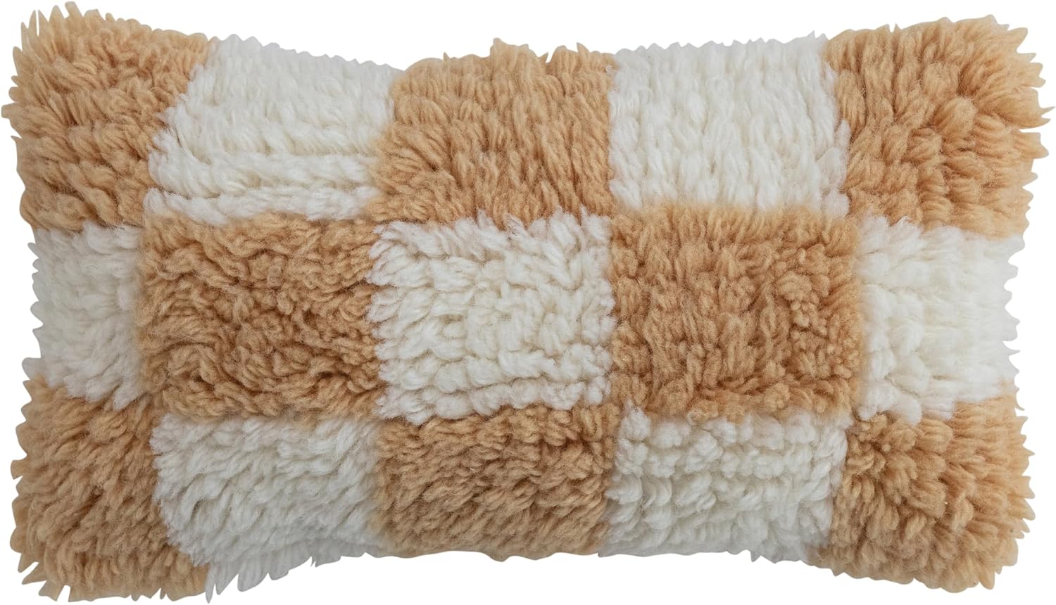 Creative Co-Op Hand-Woven New Zealand Wool and Cotton Shag Lumbar Pillow with Cotton Back, Cream and Tan Color Check