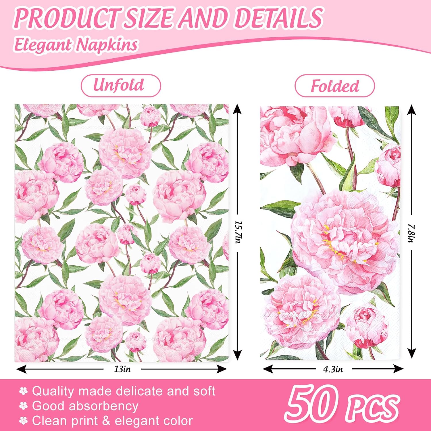 50 Pcs Spring Floral Guest Napkins Disposable Paper Napkins Pink Watercolor Peony Flower Dinner Hand Towels for Bathroom Wedding Birthday Party Table Supplies image 2