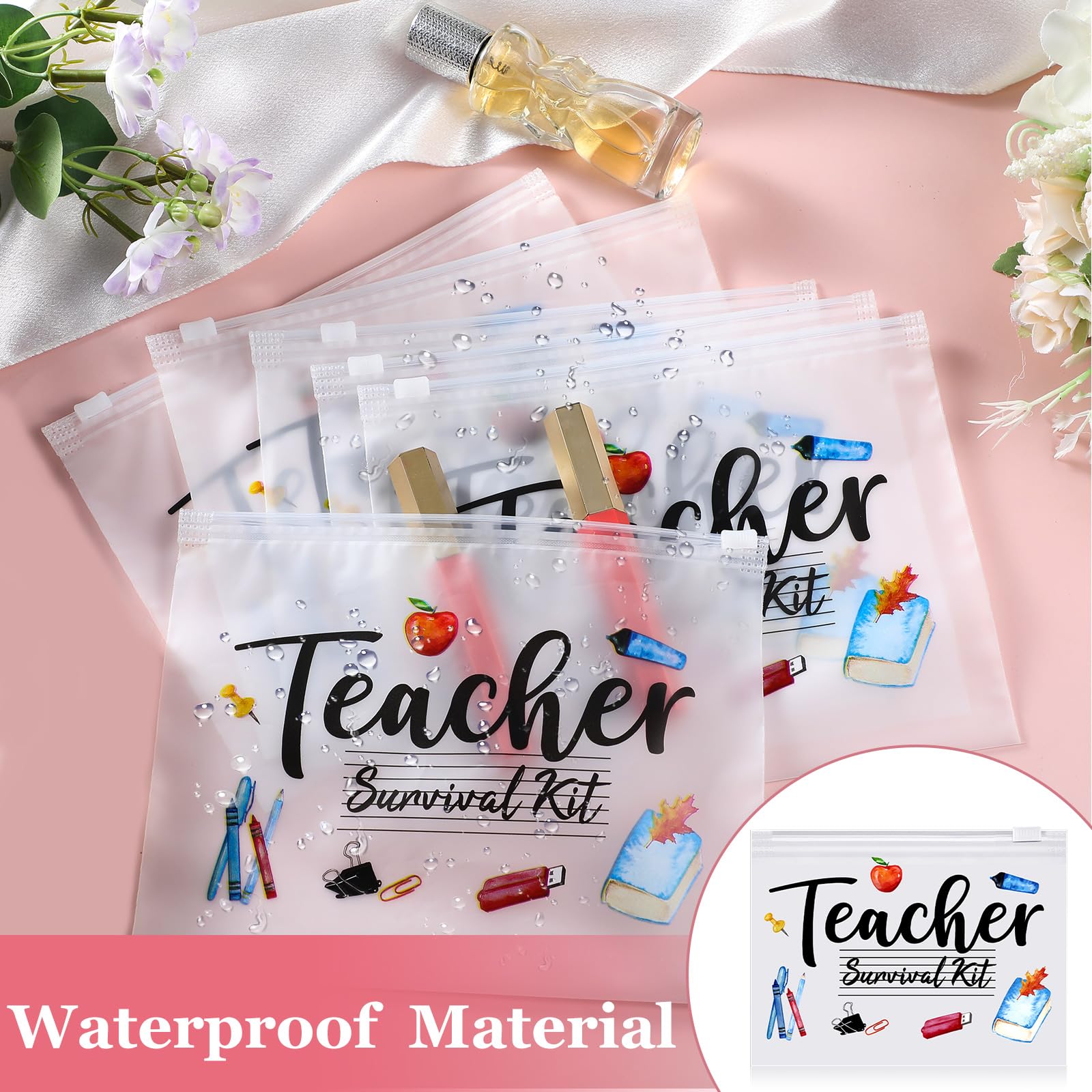 60 Pcs Teacher Appreciation Gifts Bulk Small Waterproof Makeup Toiletry Bag Pouch Cosmetic Pencil Bag Thank You Gifts for Women Men Travel Graduation Season Supplies(Teacher Survival Kit)