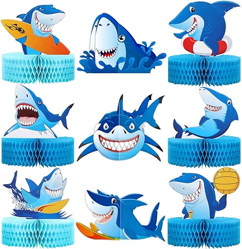 Centro de mesa de 9 piezas de tiburón, panal de abeja, centro de mesa de tiburón, decoración de fiesta de cumpleaños con temática de tiburón,