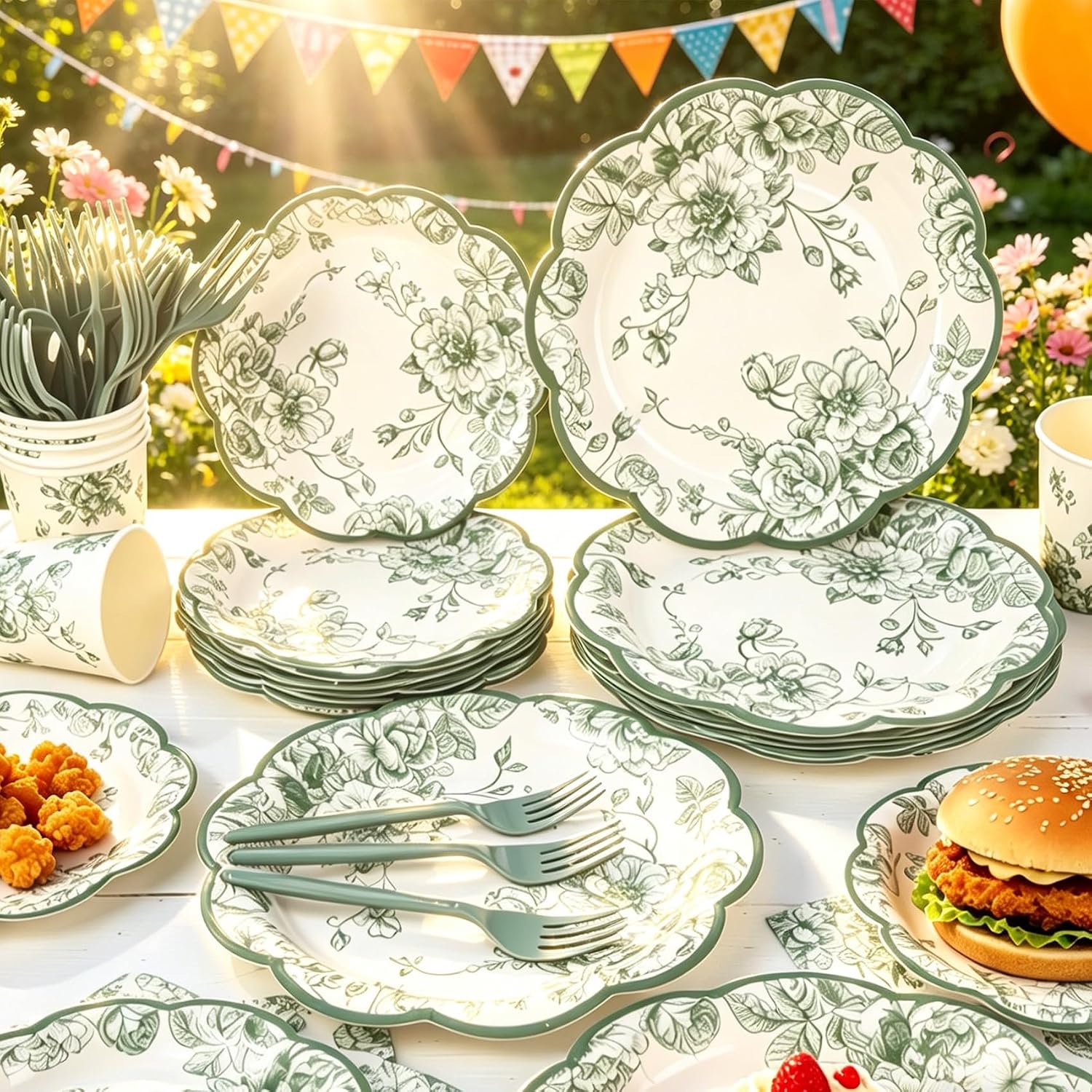 Sage Green Floral Paper Plate and Napkins Party Supplies | 9'' and 7'' Disposable Scalloped Chinoiserie Plates Cups Napkins Forks Tableware for Weddings,Birthday,Bridal Showers & Tea Parties,Serves 24