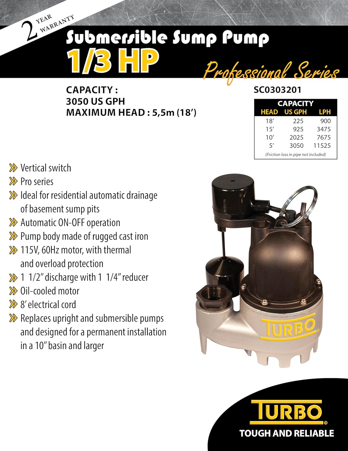 Turbo 1/3HP Cast Iron Submersible Sump Pump with Vertical Switch