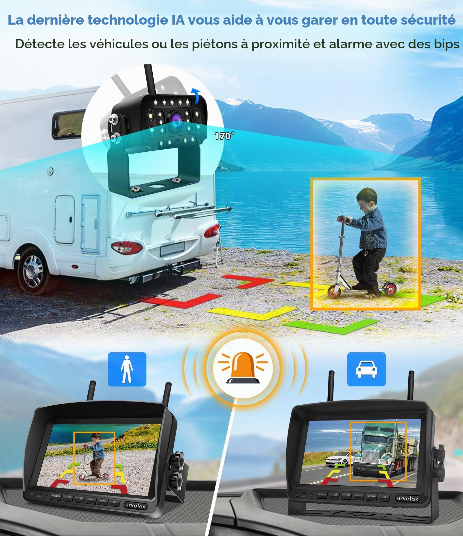 URVOLAX Camera de Recul Sans Fil avec Détection Par IA Alarme Sonore, Kit Système de Stationnement 1080P HD 7 Pouces Moniteur, Caméra de Recul pour Camping-Car, Camion, Fourgon, Caravane, Une Remorque