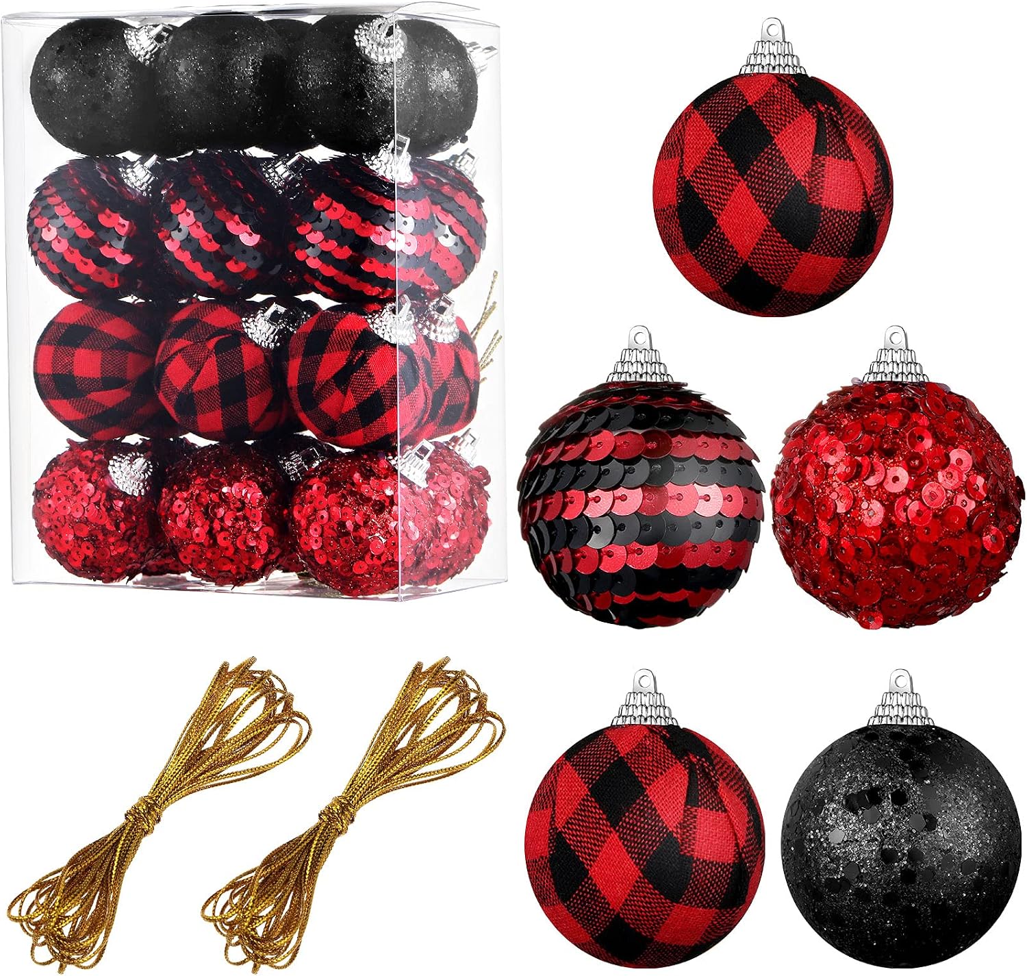 Civaner 24 Pcs Christmas Balls Ornaments for Tree, Red, Black | 1.18'' Balls Stripe Style， Buffalo Plaid Glitter Sequin Styles, 2 Gold Strings, Holiday Party Decor, Xmas Tree Home Ornament