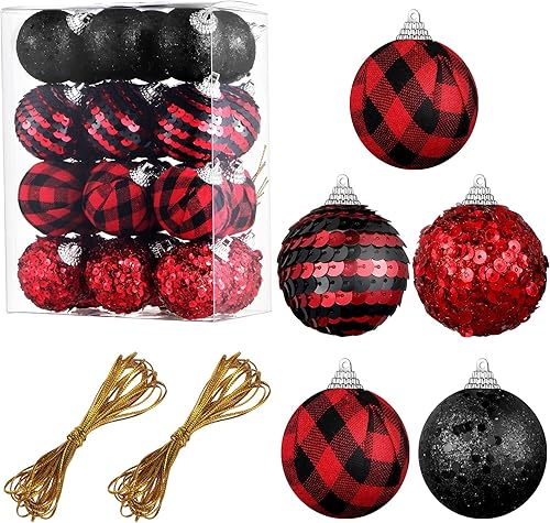 Miniatura 1 de 24 bolas de Navidad para árbol, adornos de Navidad rojos y negros de 1.2 in/1.18 pulgadas, bolas de lentejuelas con purpurina, decoración de árbol