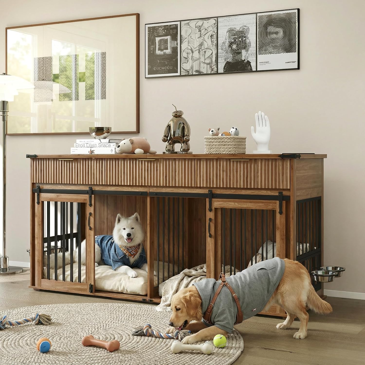 71'' Double Dog Crate Furniture with 3 Fluted Drawers and Waterproof Tabletop,Large Dog Kennel Furniture with Power Outlet & Rotating Feeders for Heavy Duty Dogs, Walnut