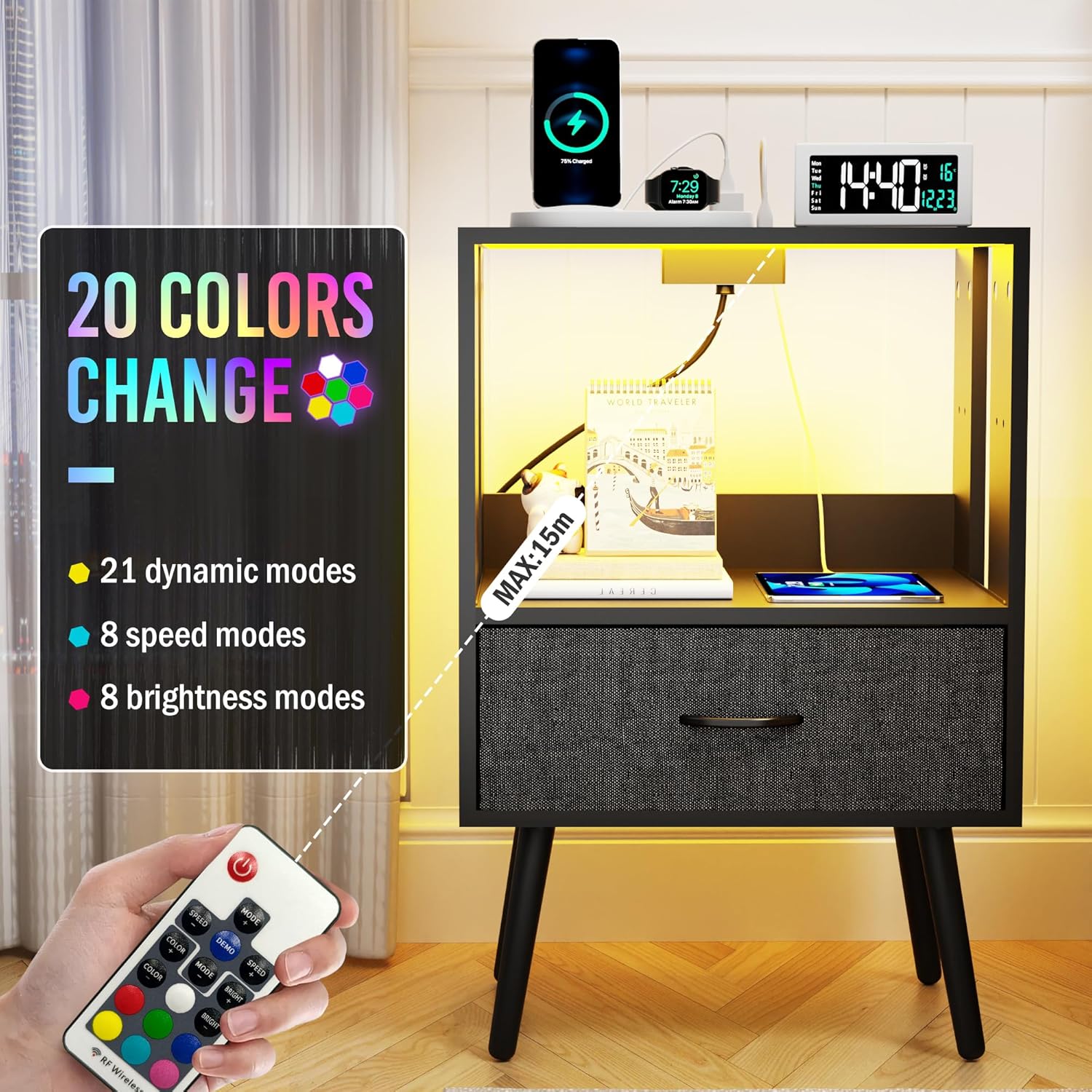 Night Stand Set of 2, Led Nightstands with Charging Station and Remote Control, Modern Bedside Table with Fabric Drawers Wooden End Tables for Bedroom Small Spaces (1 Drawer, Black)