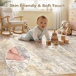 Cotiled Abstract 9x12 Area Rug Soft Neutre Non Slip Tapis Lavable, Résistant aux taches, Aspirateur robot & Animaux acceptés, Pour le salon, Chambre, Table à manger, chambre de bébé Or/Grey/Brown