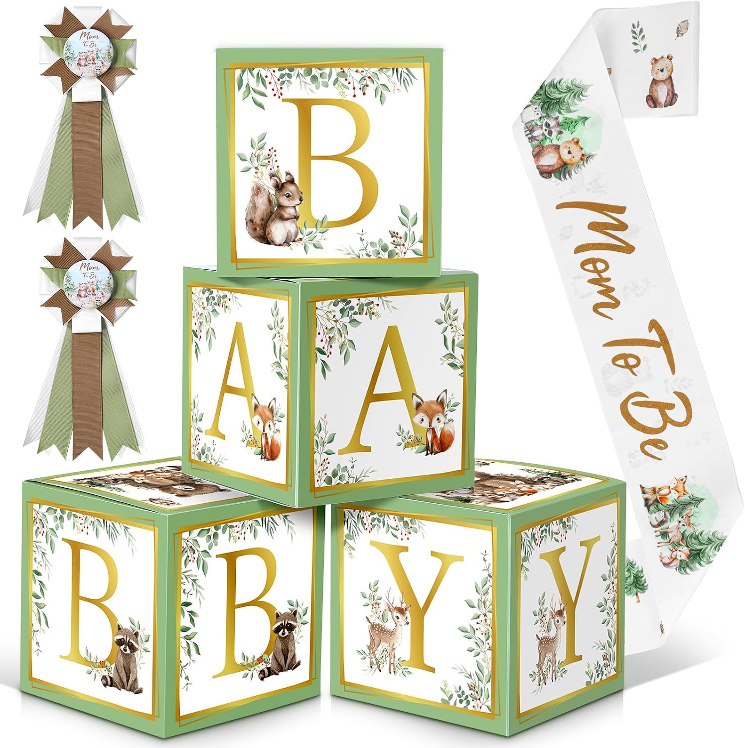 Booson 7 Pcs Woodland Baby Shower Boxes Mom to Be Sash and Pin Sage Green | Forest Animal Birthday Party Favors for Boy Girl Baby Shower Birthday Photo Props Backdrop Gender Reveal Decor