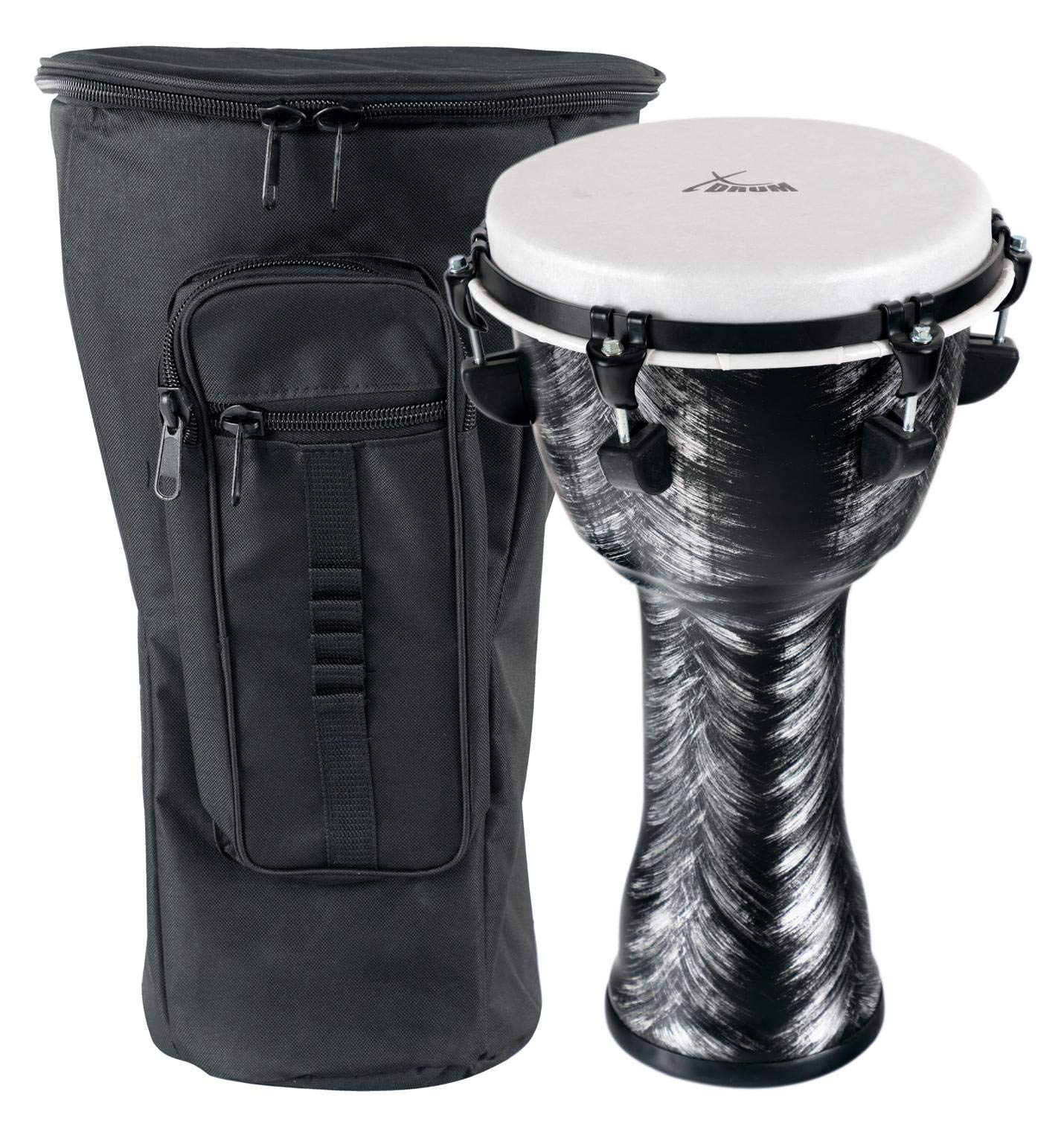 XDrum Djembe 10" Silver Brush Bag Set (aus PVC gefertigt, 6 Stimmschrauben, Kunststoff-Fell mit Natur-Optik, Höhe: 50cm, im Set inkl. passender Rucksacktasche für Transport und Aufbewahrung)