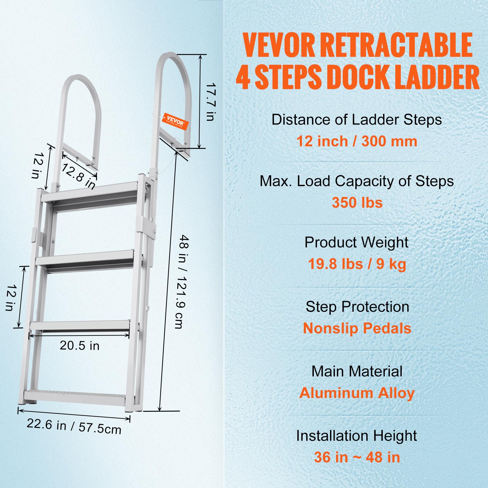VEVOR Dockleiter 4 einziehbare Stufen 159kg Tragkraft Pontonbootleiter aus Aluminiumlegierung mit 1400-1705mm Einstellbarer Höhe 10cm breite Stufe zum Einsteigen in Schiffe/Seen/Schwimmbäder