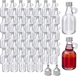 54 Pcs 1.7oz Glass Syrup Bottles with Aluminum Lids, Loop Handle, 2 Funnels, Clear Glass Reusable Maple Syrup Jars for Storage, Juice, Milk, Sauce, Oil, Potion, Liquor