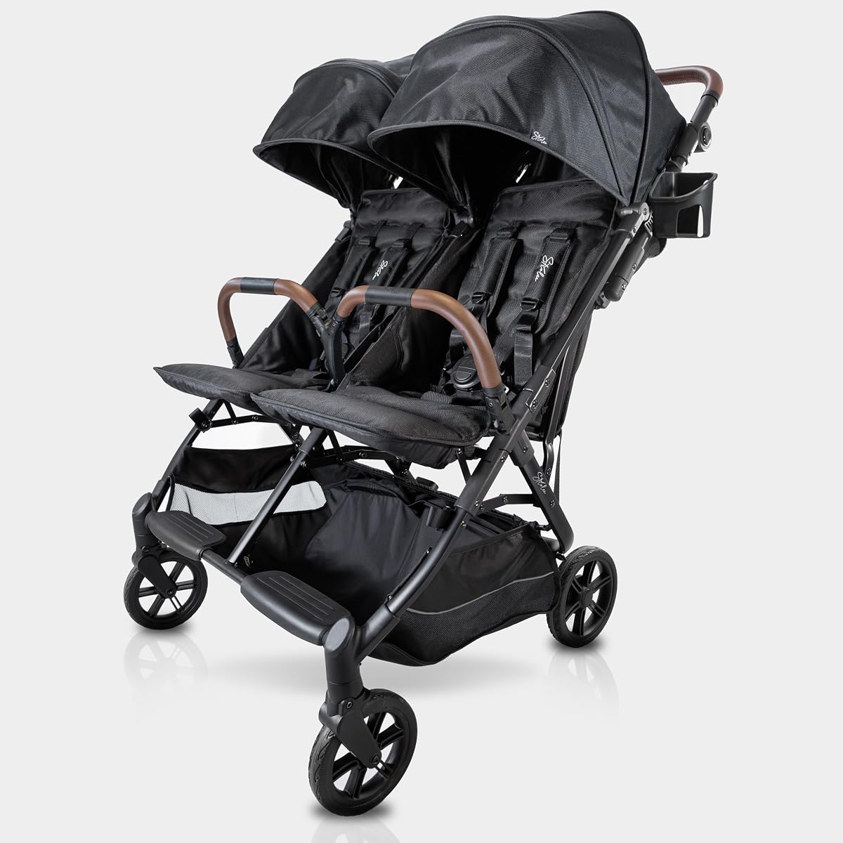 Strolee Lightweight Double Side by Side Stroller for Travel - 22 Lbs, 9.5" Compact Fold, Infant to Toddler, No Rethread Harness, Magnetic Buckle & Ultra Plush Seat 60Lb Max Per Seat- (v2 Black)