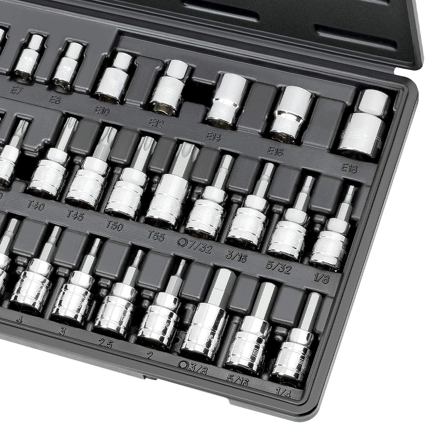 CARBYNE 36-Piece Hex (Allen) Torx Bit Socket and E-Torx Set, SAE and Metric, S2 Steel Bits, CrV Sockets, 1/4 in. 3/8 in. 1/2 in. Drive, Zinc Phosphate, Genuine Licensed Torx, Durable Case