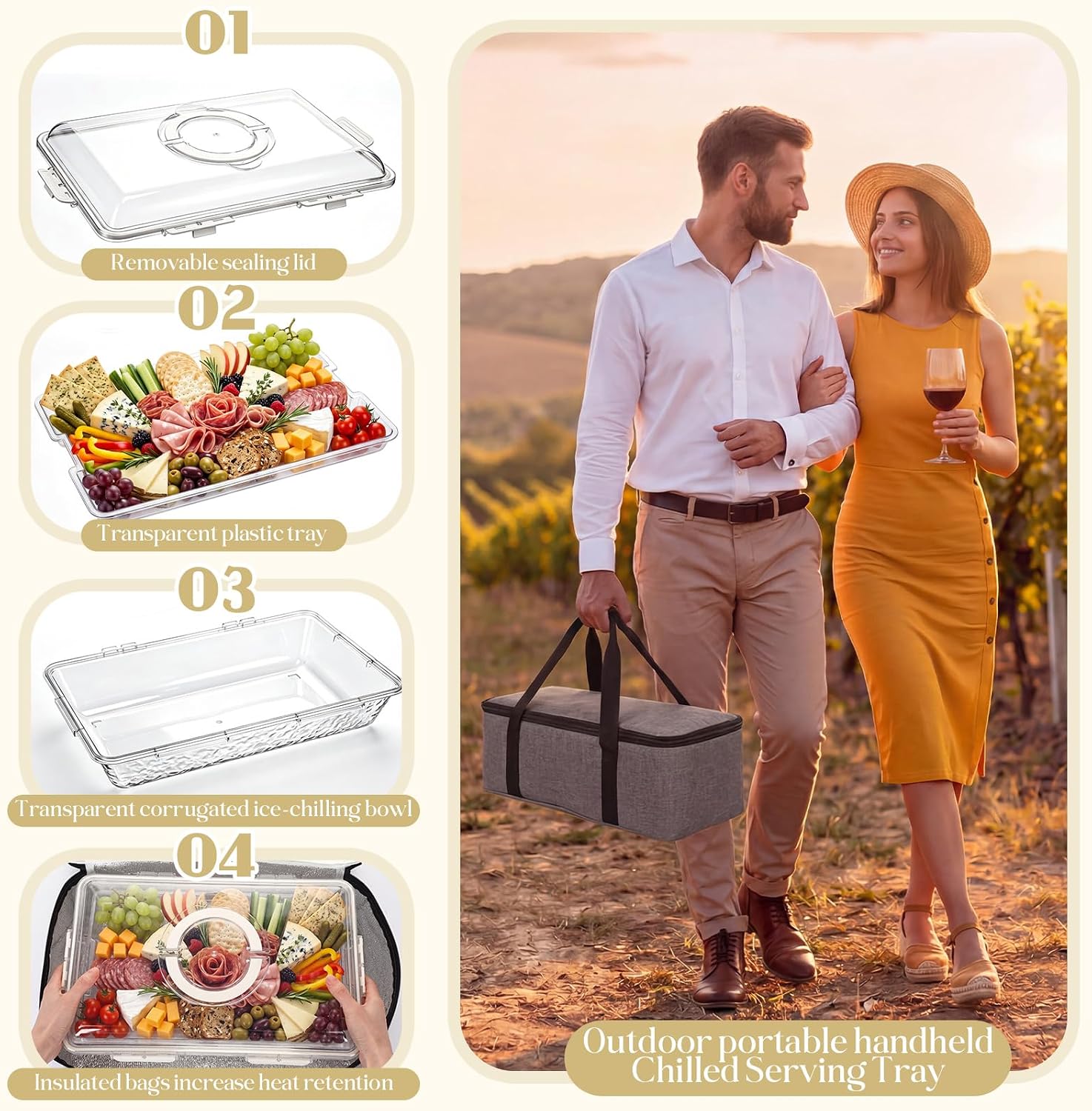 Rtteri 16 x 11'' Chilled Serving Tray for Parties with Lids Compartments, Ice Pack with Insulated Bag Flip-top Removable Ice Chilled Party Platter Charcuterie Serving Board for Picnic Travel