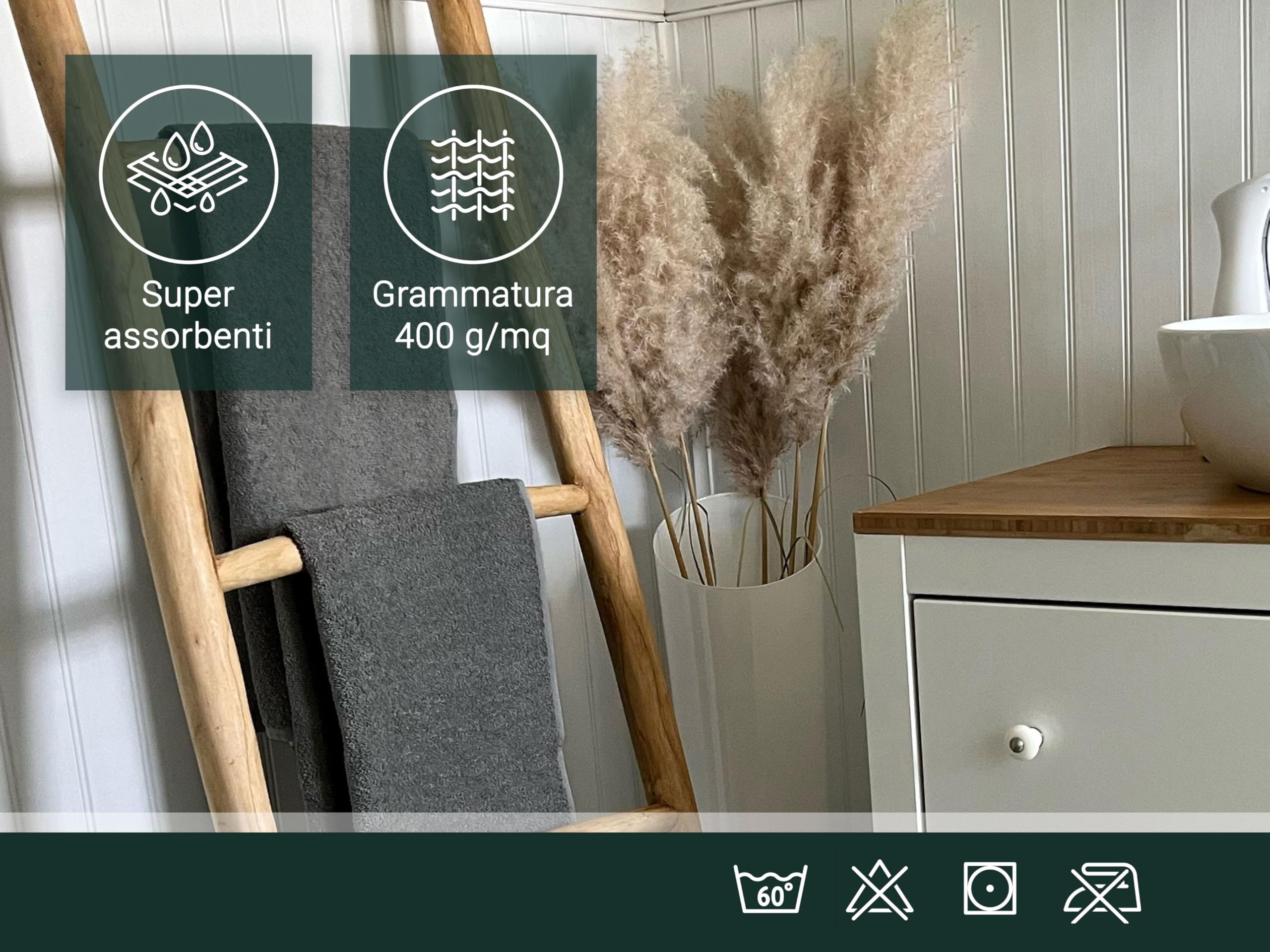 ZOLLNER Set di 10 asciugamani da bagno 50x100 cm - super assorbenti - grigio scuro - con gancetto - lavabili a 60°C - cotone - qualità d'albergo