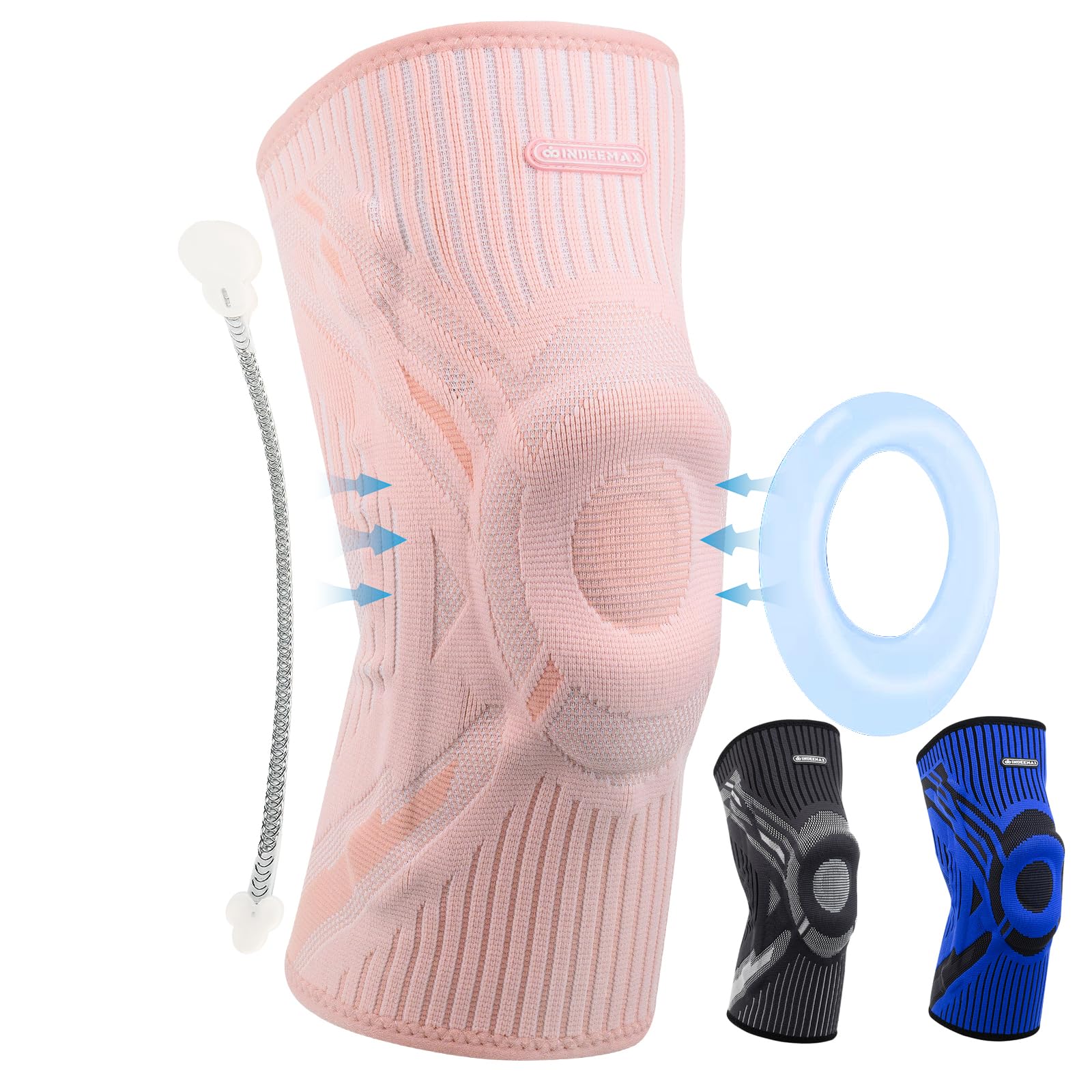 INDEEMAX Kniebandage Männer und Damen,Kompression Kniestütze mit Seitlichen Stabilisatoren & Patella-Gel Polster, Bandage Knie für Lindert Knieschmerzen, ACL, Meniskusriss, Arthritis, Rosa,XL