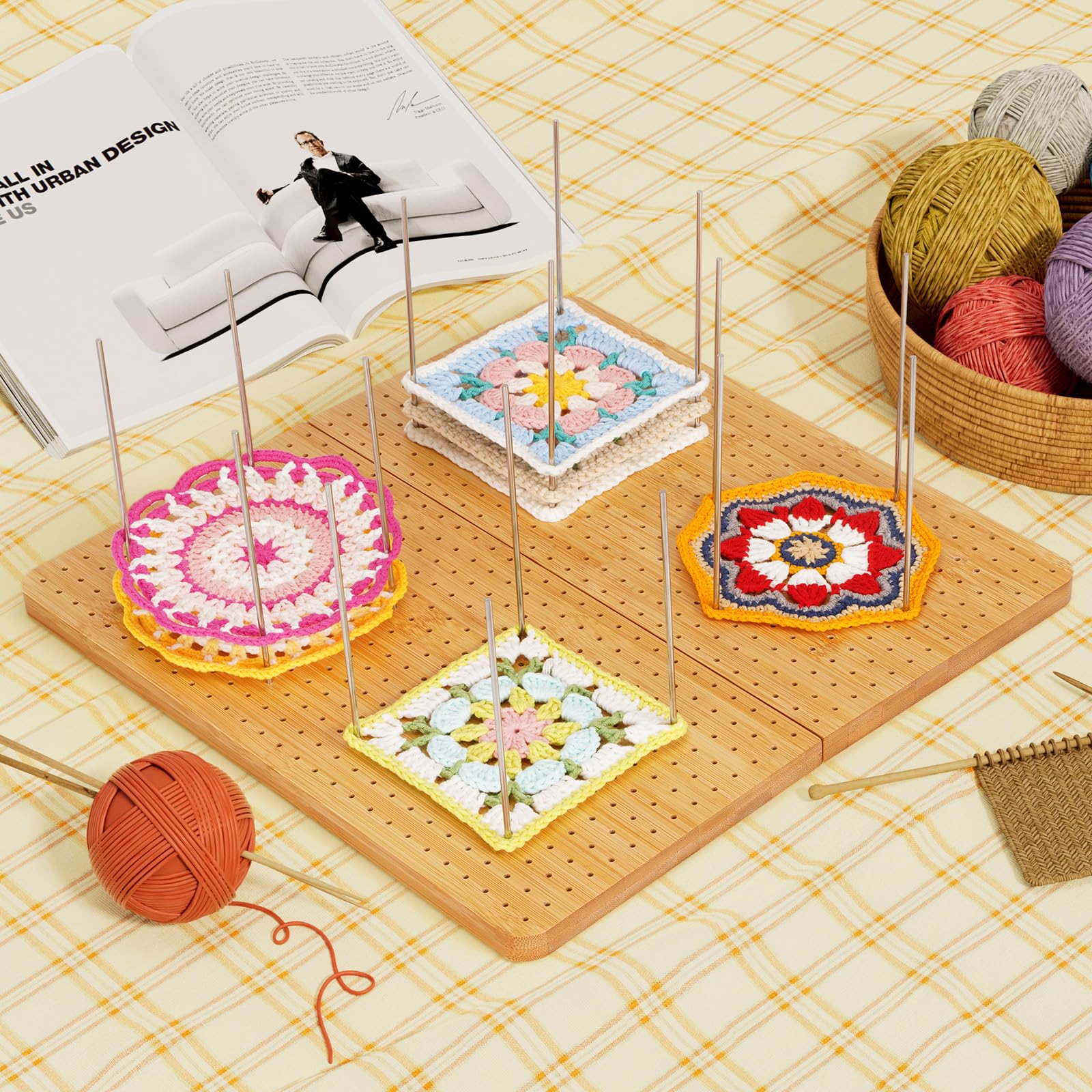 Lifewit 36,6 cm Bloqueador de Granny Square con 36 Pines, Tabla Bloqueo de Bambú para Crochet Blocking, Almohadilla de Bloqueo para Tejer, Accesorios Kit Regalos para Máquina Ganchillo Ganchillo