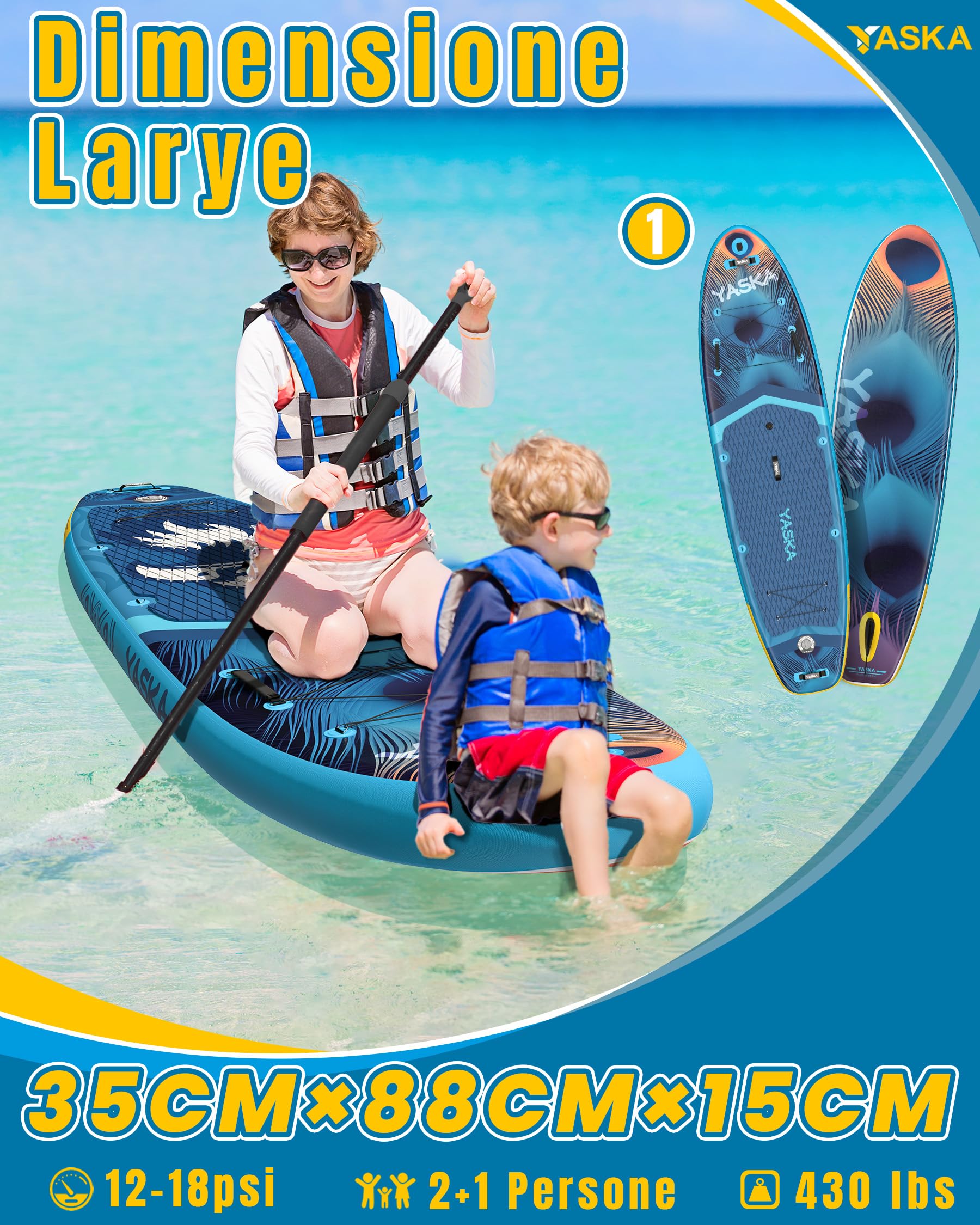 YASKA Tavola SUP Gonfiabile - 335 * 88cm Tavola da Paddle, Stand Up Paddle Board Adulti con Accesorios, Pagaia, Pompa, Pinne, Leash, Kit di Riparazione e Borsa