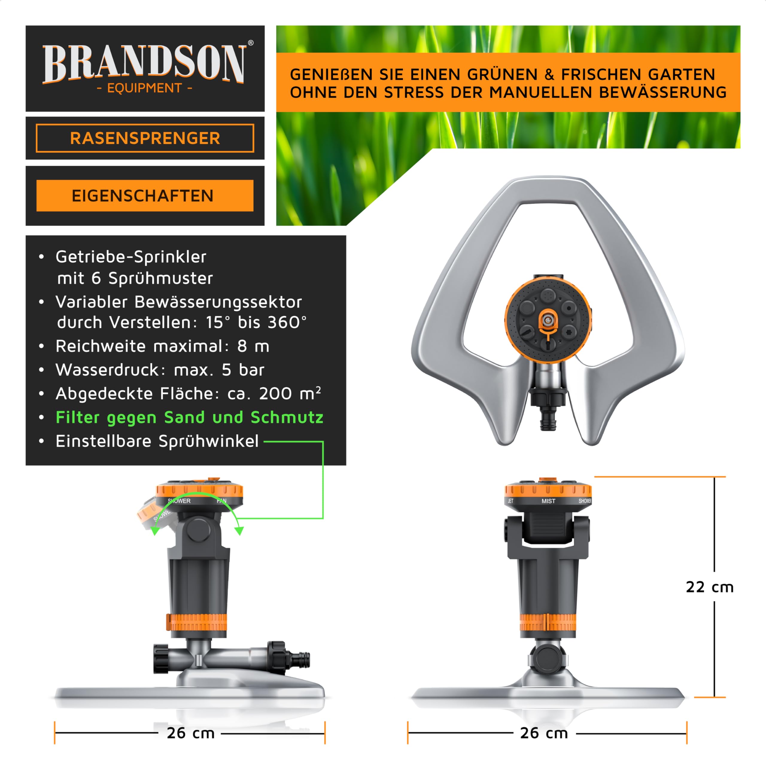 Brandson - Gartensprinkler mit Standfuß Metall – Garten Rasensprenger 3/4 Zoll - 6 Sprühmuster – 200 m2 Gesamtfläche - Einstellbarer Sprühwinkel – Bewässerungssektor bis 360° - Inkl Adapter 1/2 Zoll