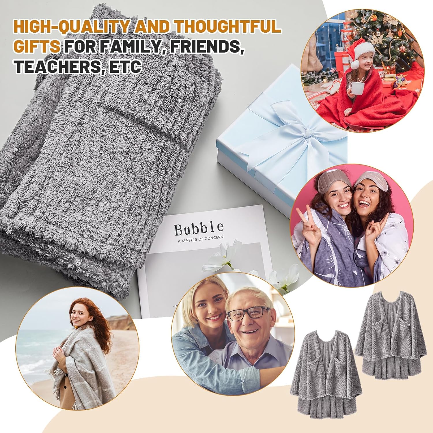 2 Pcs Winter Wearable Blanket with Pockets 58 x 64 Inch Fleece Cozy Shawl Soft Plush Cape for Sofa Travel