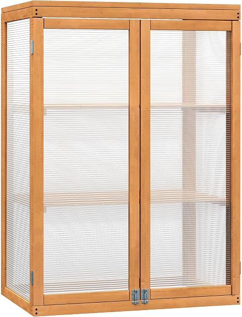 Outsunny 3-tier Wood Greenhouse Garden Polycarbonate Cold Frame Grow House w/ Storage Shelf for Plants, Flowers, Natural