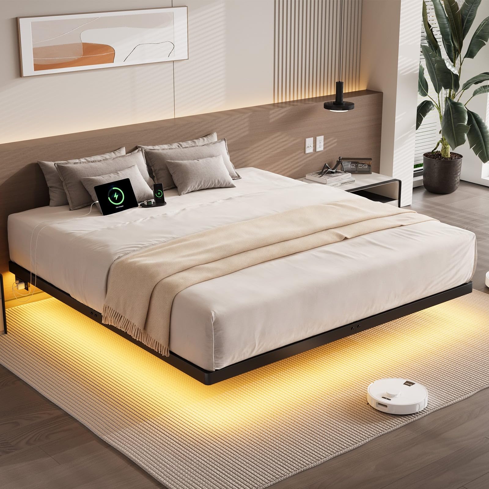 ONBRILL King Size Floating Bed Frame with USB Charging Station and Smart LED Lights, Heavy Duty Metal Platform Bed with Underbed Storage Space, Easy to Assemble, Noise-Free, No Box Spring Needed