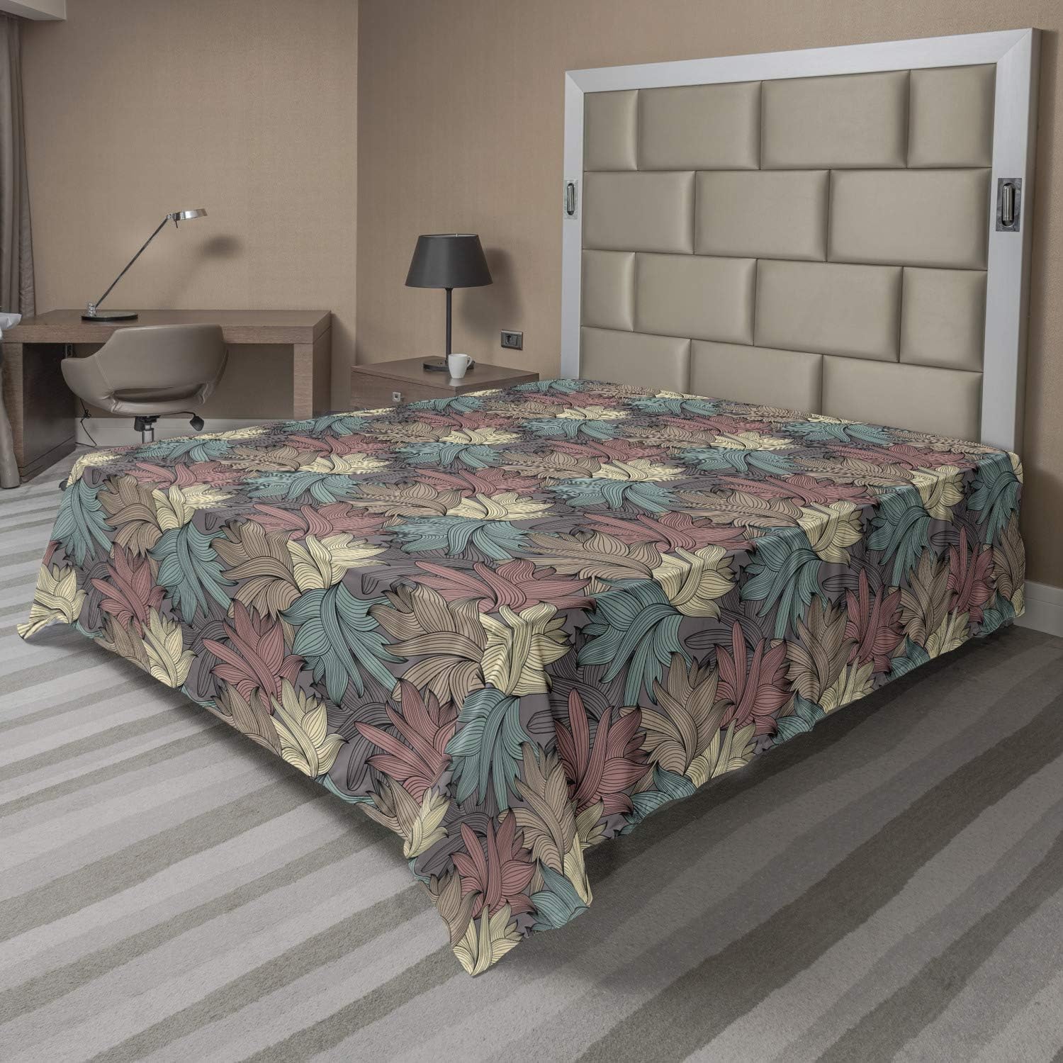 Ambesonne Floral Flat Sheet, Colorful Foliage Leaves with Autumnal Nature Theme Abstract Changing of The Seasons, Soft Comfortable Top Sheet Decorative Bedding 1 Piece, Queen Size, Multicolor Teal