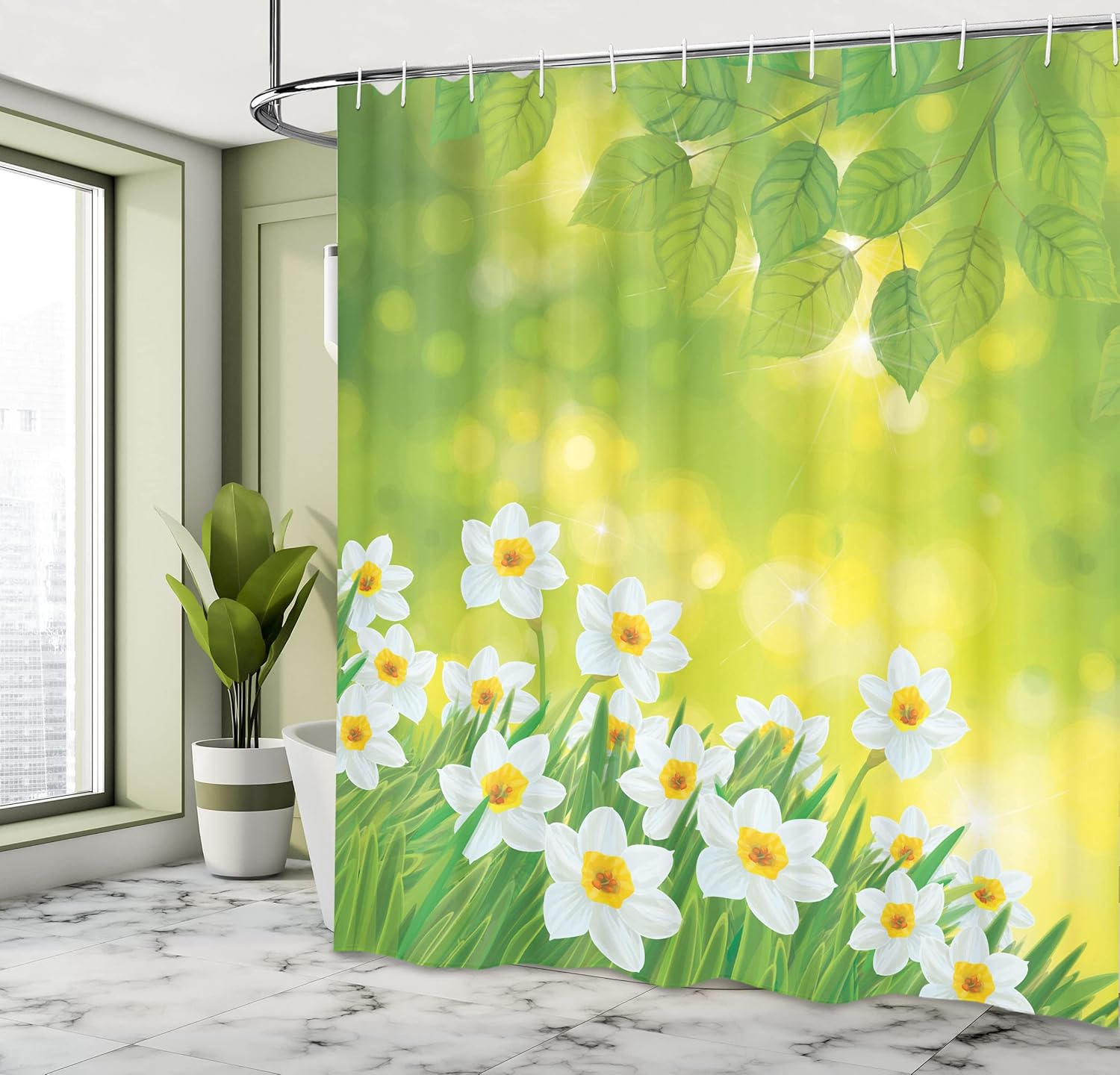 Ambesonne Daffodil Shower Curtain, Daffodils Under Vibrant Tree Branch Leaves Spring Petals Seasonal Foliage Theme, Cloth Fabric Bathroom Decor Set with Hooks, 69" W x 70" L, Green Yellow