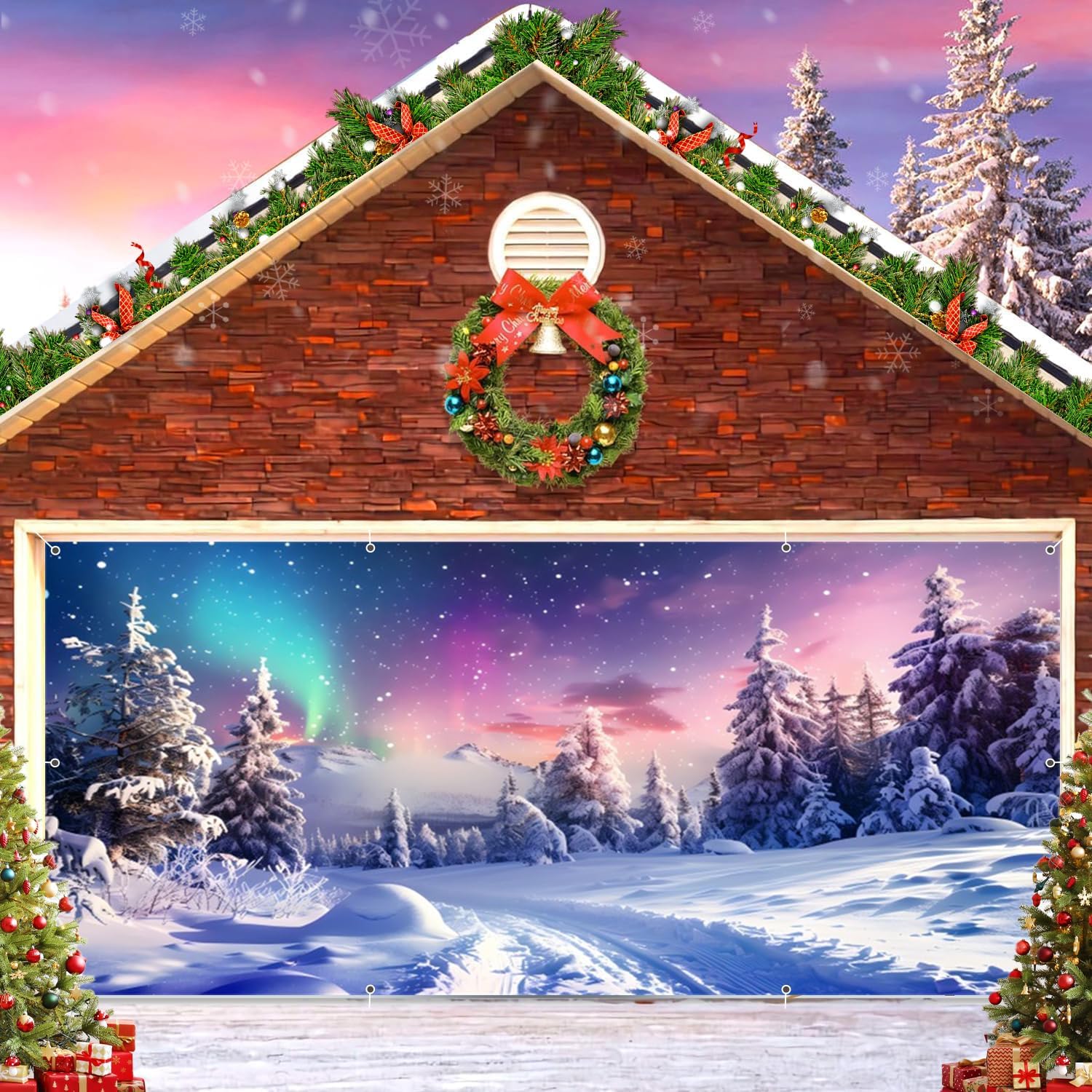 Winter Wonderland Garage Door Cover Decorations Banner Backdrop 7x16ft,Large Hanging 2 Car Christmas Garage Door Cover Winter Forest Aurora Snowflake Mural Decor for Outdoor Holiday Decorations