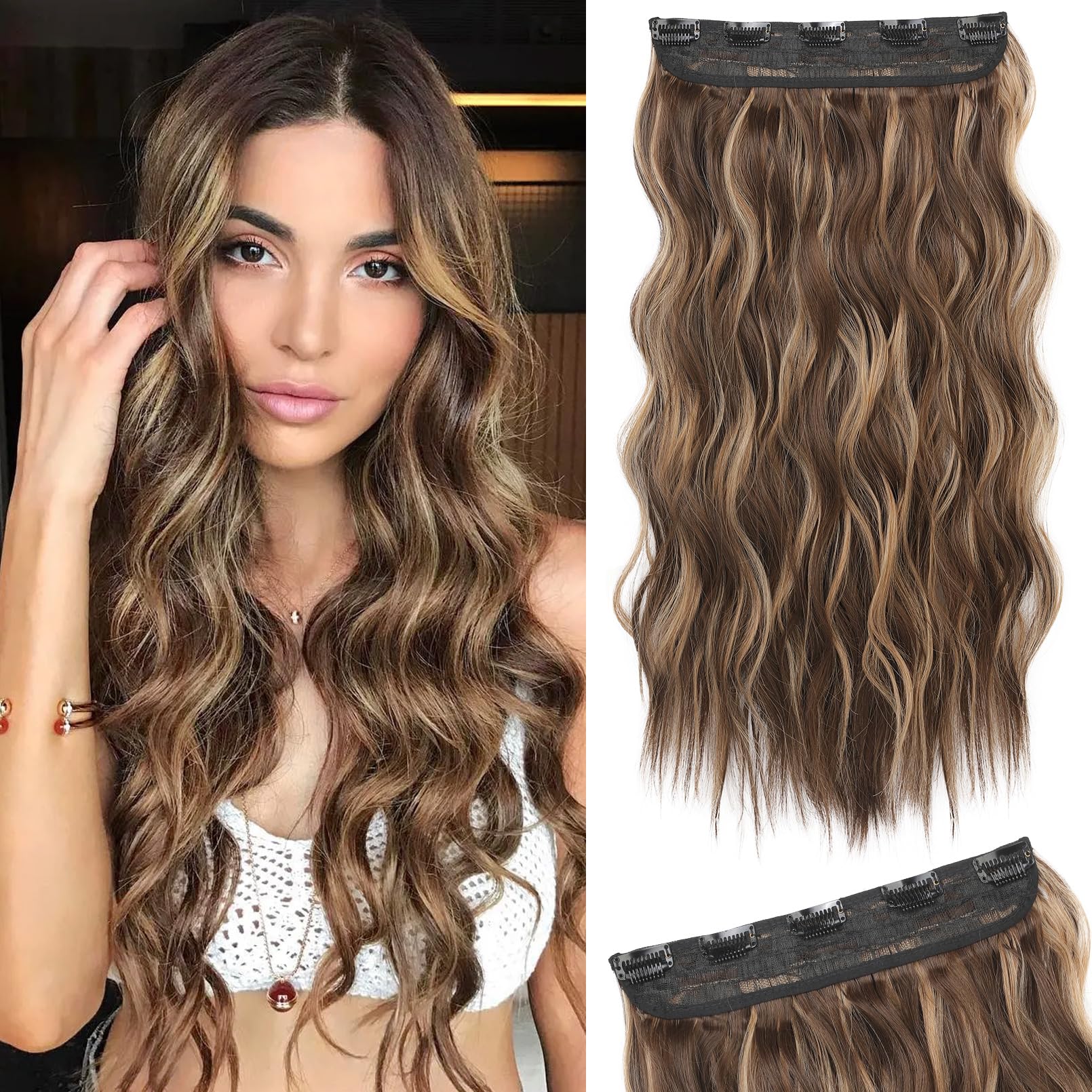 REECHO Clip in Hair Extensions, 20” One Piece Hair Extension Clip in Wefts Long Thick Beach Wavy Natural Soft Synthetic Hairpieces for Women, Chocolate Brown with Blonde Highlights