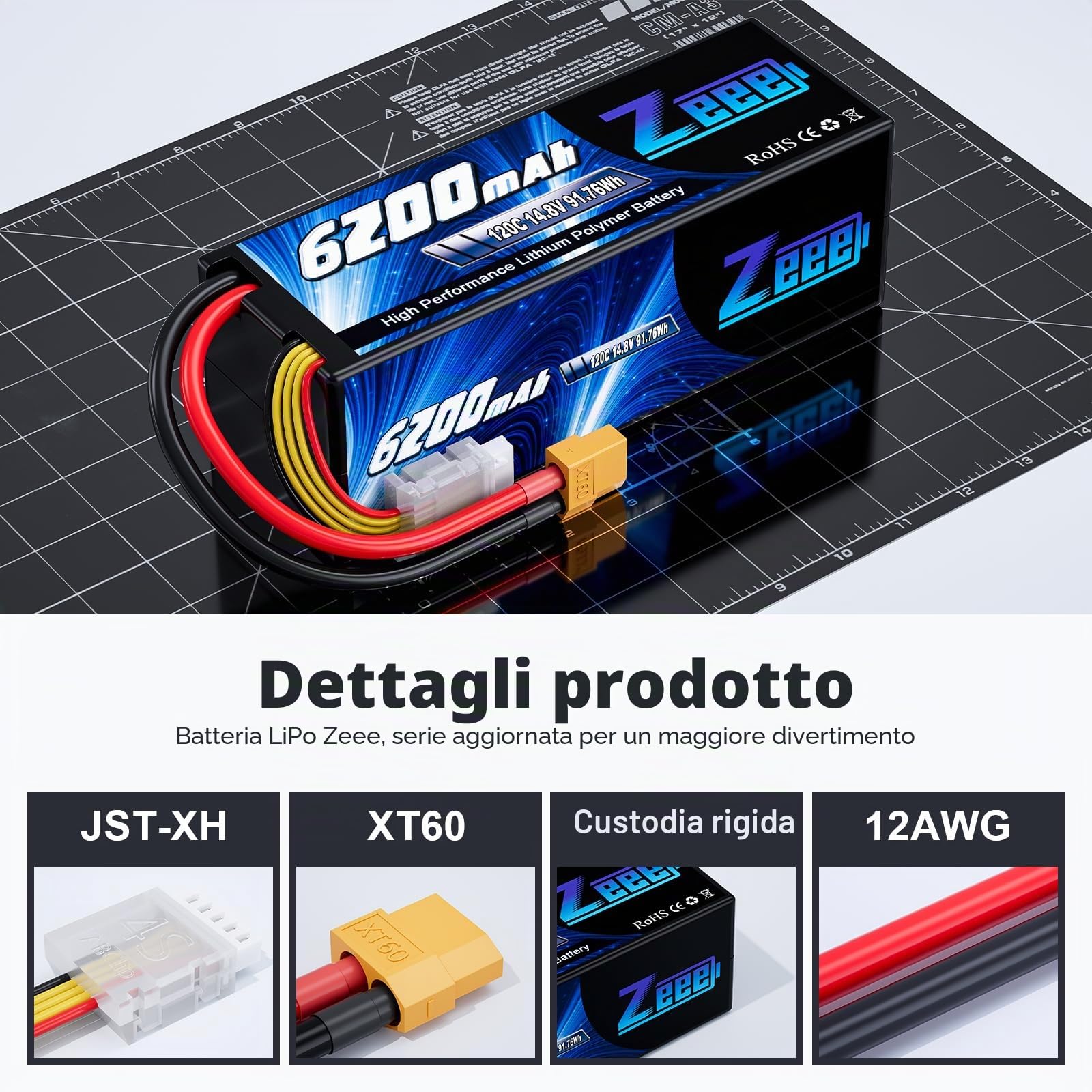 Zeee 4S Lipo 14,8V 120C 6200mAh Batteria RC con connettore XT60 (2 pezzi) | Batteria RC per auto RC, camion, carro armato, buggy, truggy