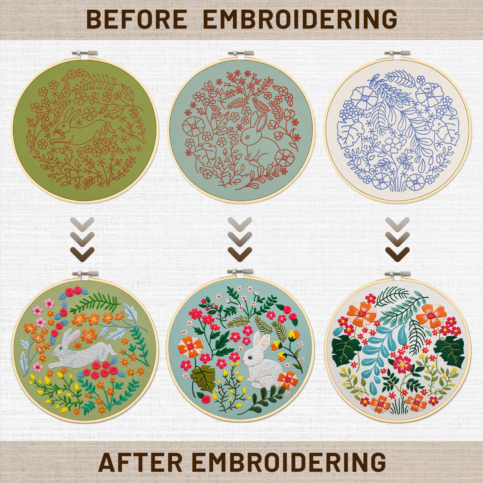 Kit Démarrage Broderie XM-GENYUE - 3 Motifs Animaux/Fleurs Cerceau Bambou