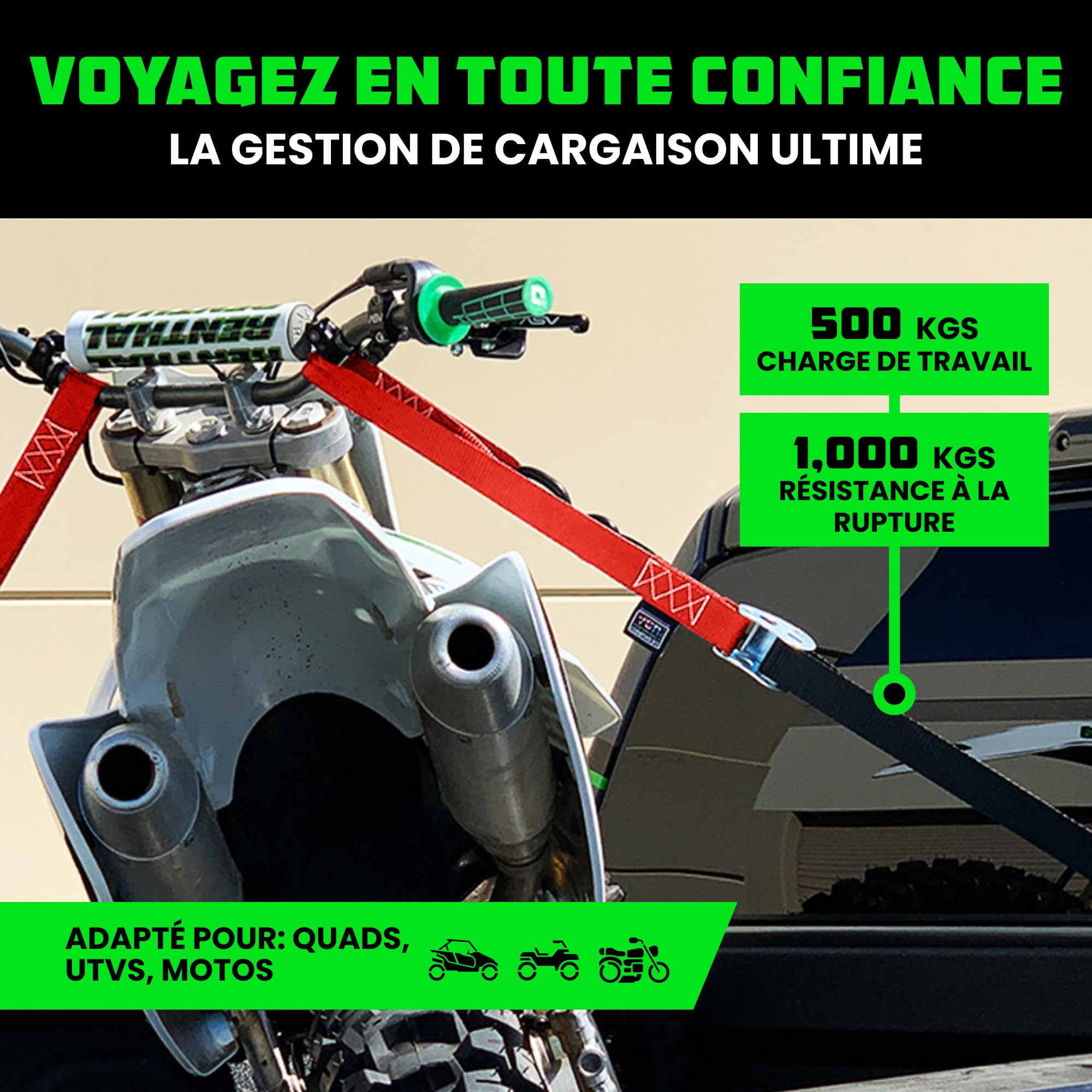 Rhino USA Lot 2 Sangle Arrimage Moto - Testées en Laboratoire Résistance à la Rupture de 1000 kg- Sangles d'Arrimage Acier avec Boucles Souples pour Remorque Guidon - Rouge