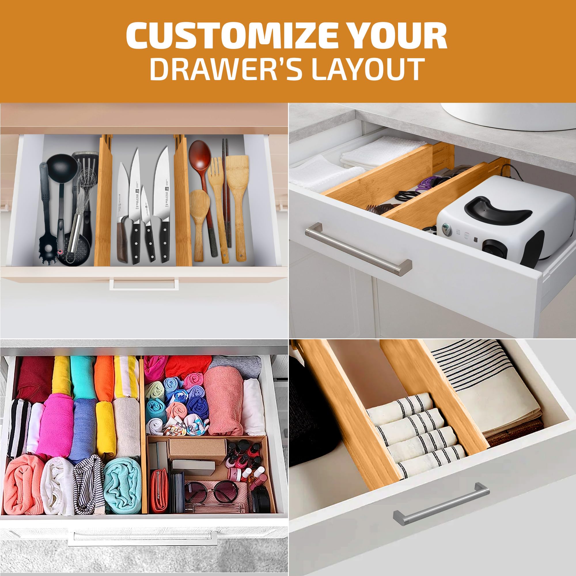Confezione da 6 divisori per cassetti in bambù, altezza 10 cm, regolabili da 29 a 43 cm, espandibili per cassetti della cucina, separatore a molla per utensili, vestiti, camera da letto, bagno, asilo