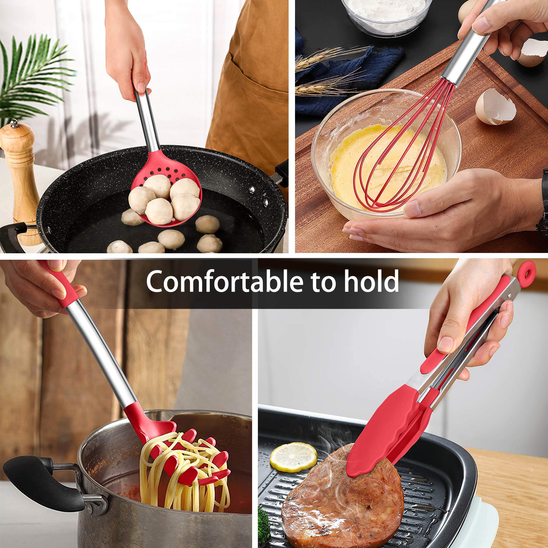 LIANYU Set di utensili da cucina da 15 pezzi con supporto, strumenti da cucina in silicone manico in acciaio inossidabile, spatola scanalata, cucchiaio da cucina per cucinare, rosso