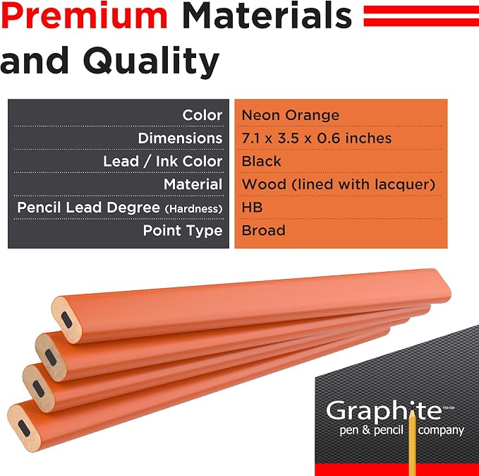 Lápiz de Carpintero con Mina de Grafito - Pack de 12 - Naranja Neon miniatura 2