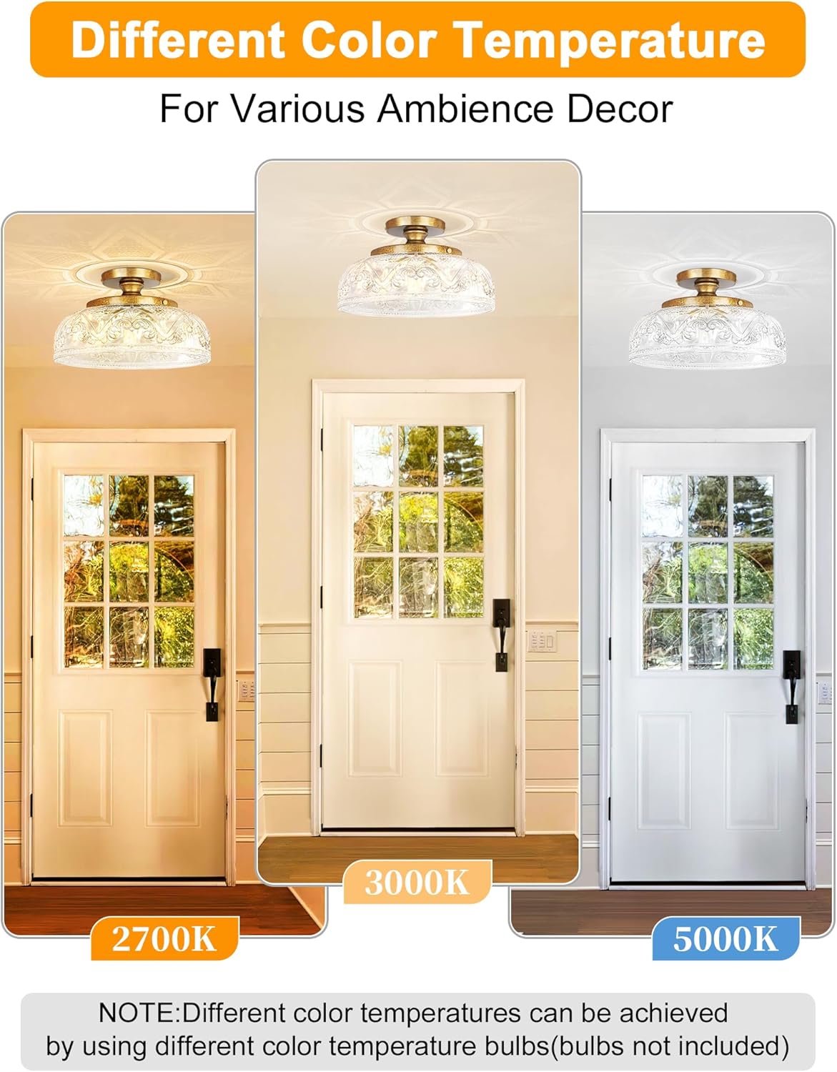 Semi Flush Mount Ceiling Light, 12 Inch Large Copper Ceiling Light Fixture, 3-Light Globe Glass Farmhouse Kitchen Lighting Fixtures for Bathroom, Hallway, Dining Room (Bulb Not Included)